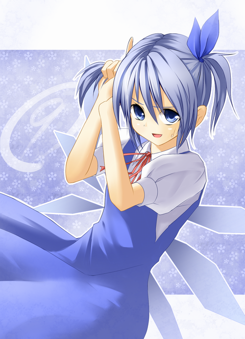 meso-meso, cirno, touhou, adjusting hair, alternate hairstyle, blue eyes, blue hair, circled 9, short hair, solo, twintails, wings