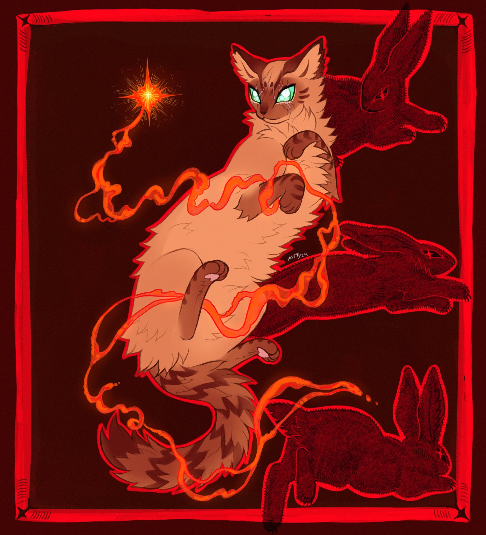 kitty (fernwhisker), the new prophecy, warrior cats, commentary, english commentary, highres, animal, animal focus, aqua eyes, blind, cat, colorpoint, full body, longtail, lynx point, no humans, pawpads, rabbit, red background, scar, scar across eye, scar on face, solo focus, tabby cat