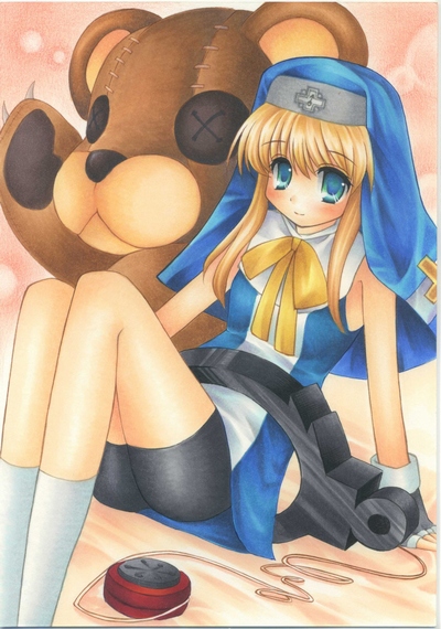 shinonome86, bridget (guilty gear), roger (guilty gear), guilty gear, guilty gear xx, commentary, marker (medium), traditional media, 1boy, aqua eyes, arm support, arm up, arms at sides, bare arms, bare shoulders, bed sheet, bike shorts, black gloves, black shorts, blonde hair, blue veil, blue vest, brown background, bubble background, button eyes, buttons, claws, closed mouth, cross, cross print, feet out of frame, fingerless gloves, gloves, guimpe, kneehighs, knees up, large teddy bear, legs together, light blush, long sidelocks, looking at viewer, male focus, mars symbol, neck ribbon, nun, on bed, ribbon, shirt, short hair with long locks, shorts, sidelocks, sitting, sleeveless, sleeveless shirt, smile, socks, stitches, string, throwing yo-yo, trap, veil, vest, white shirt, white socks, white trim, white wrist cuffs, wrist cuffs, yellow ribbon, yo-yo