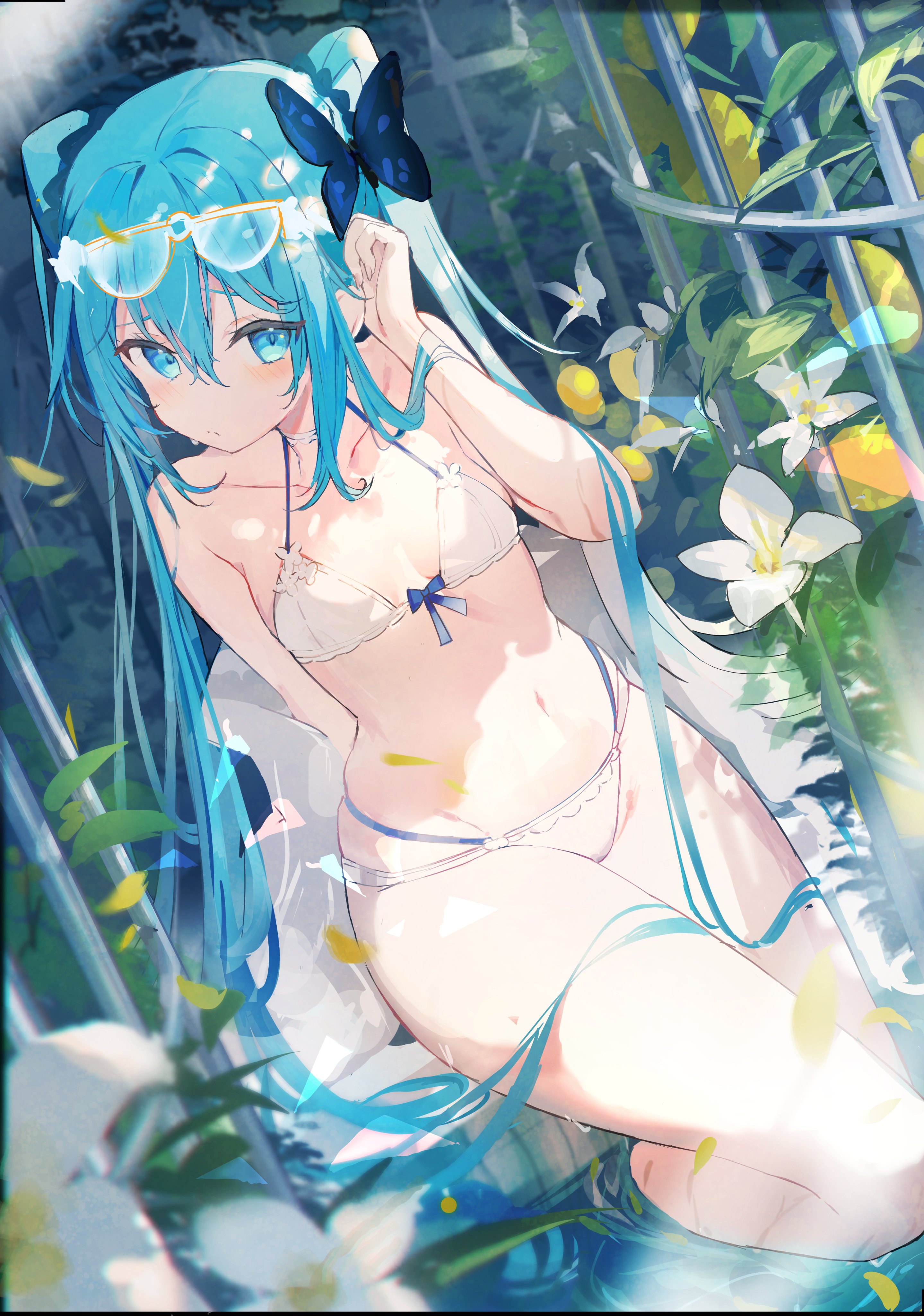 tatsukisan, hatsune miku, vocaloid, absurdres, highres, 1girl, aqua eyes, aqua hair, bikini, blush, breasts, butterfly hair ornament, eyewear on head, flower, front-tie bikini top, front-tie top, hair ornament, looking at viewer, multi-strapped bikini bottom, navel, off shoulder, open clothes, open shirt, outdoors, sitting, small breasts, smile, solo, swimsuit, twintails, wading, white bikini