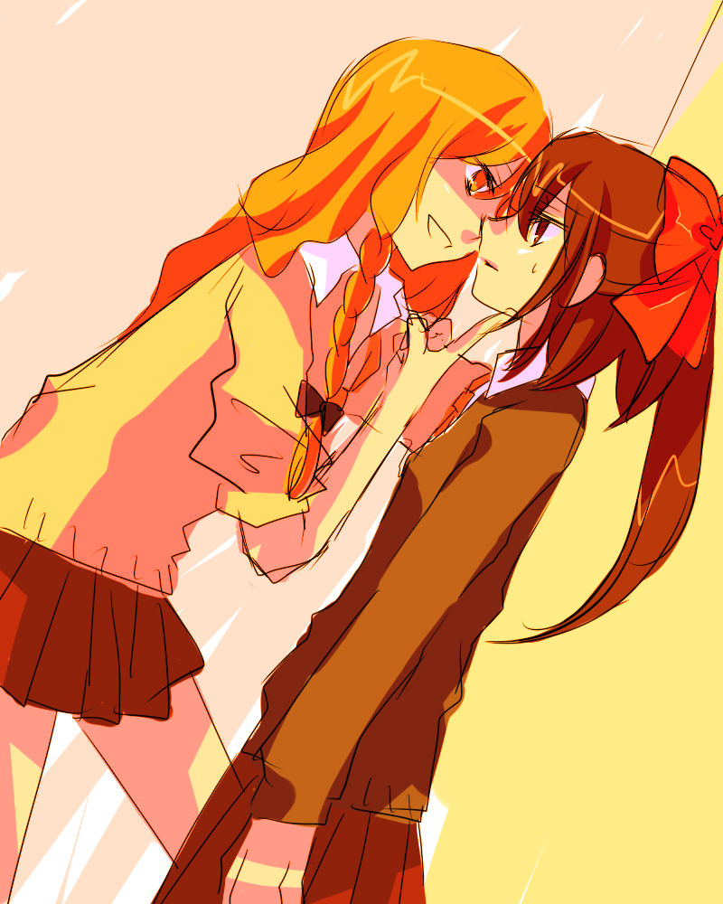 uto uto, hakurei reimu, kirisame marisa, touhou, bad id, bad pixiv id, 2girls, alternate costume, blonde hair, bow, braid, brown eyes, brown hair, contemporary, dutch angle, female focus, grabbing another's chin, hair bow, hand on another's chin, long hair, multiple girls, sleeves pushed up, yellow eyes, yuri