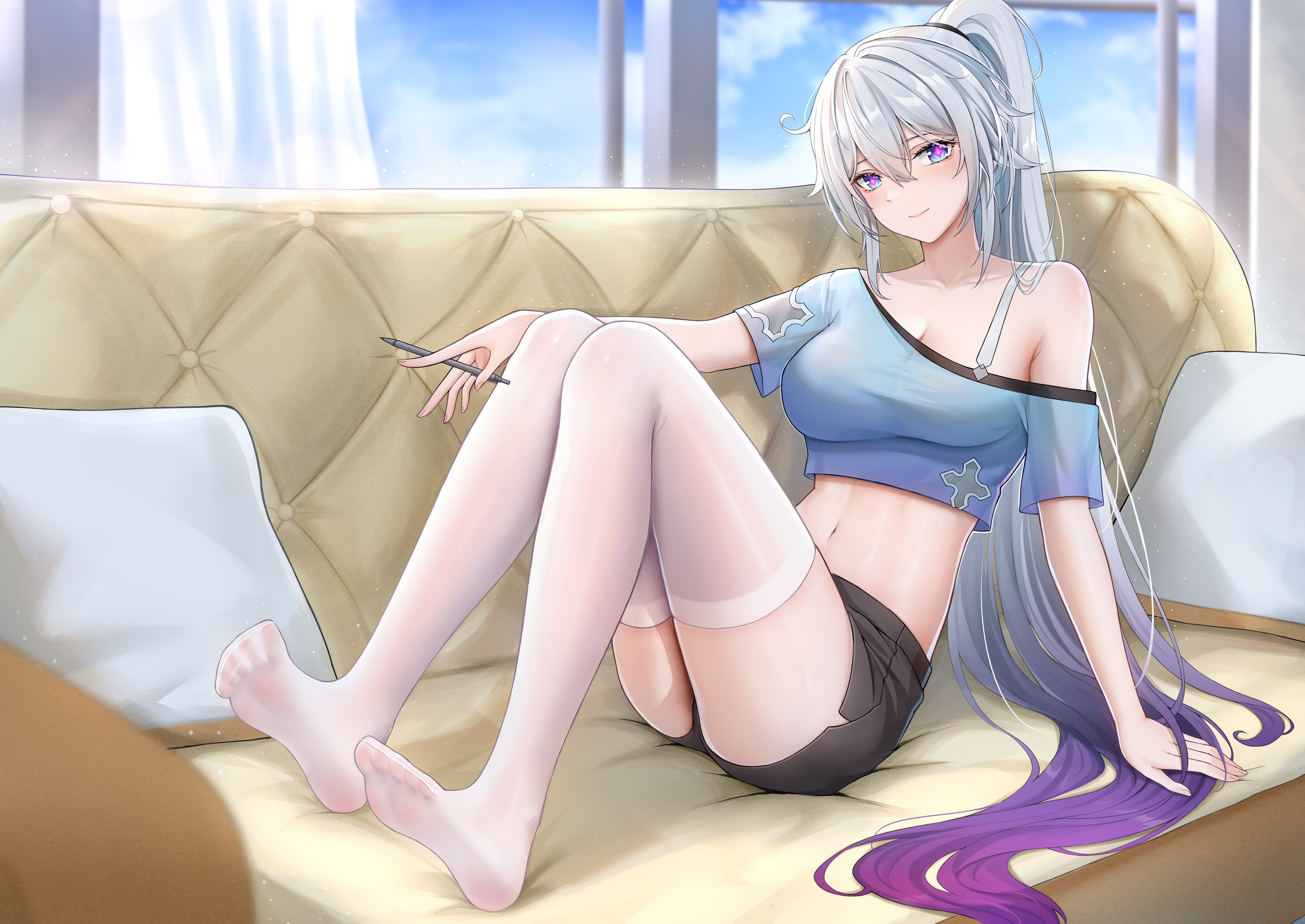 ying ling, kiana kaslana, kiana kaslana (herrscher of finality), honkai (series), honkai impact 3rd, absurdres, highres, 1girl, alternate costume, black shorts, blue eyes, breasts, casual, cleavage, couch, diamond-shaped pupils, diamond (shape), feet, full body, gradient hair, holding, holding pen, indoors, knees up, long hair, looking at viewer, midriff, multicolored hair, navel, no shoes, on couch, pen, pillow, purple hair, shorts, single bare shoulder, single off shoulder, sitting, smile, soles, solo, spread toes, symbol-shaped pupils, thighhighs, thighs, toes, two-tone hair, very long hair, white hair, white thighhighs, window