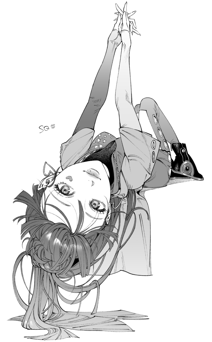 himo (himodayoo), sq (gnosia), gnosia, highres, 1girl, breasts, character name, facial mark, full body, greyscale, heart, heart facial mark, interlocked fingers, long hair, looking at viewer, lying, medium breasts, monochrome, on back, own hands together, solo