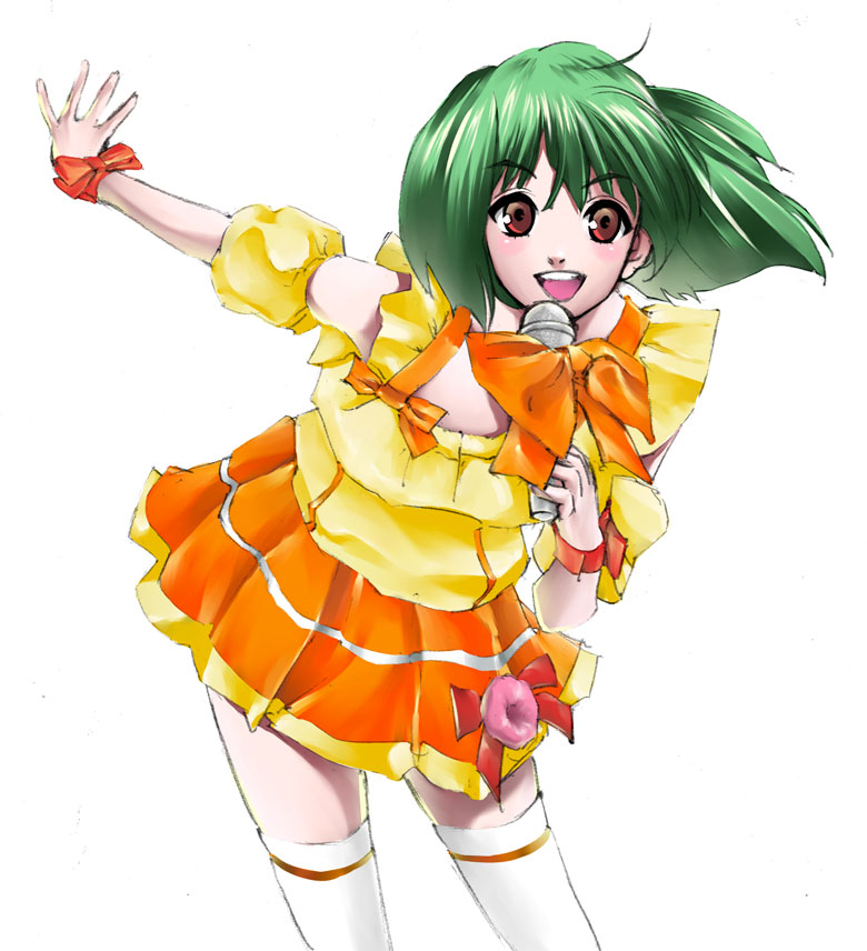 maruyama, ranka lee, macross, macross frontier, 00s, 1girl, dress, female focus, green hair, microphone, orange skirt, red eyes, short hair, skirt, solo, thighhighs, twintails