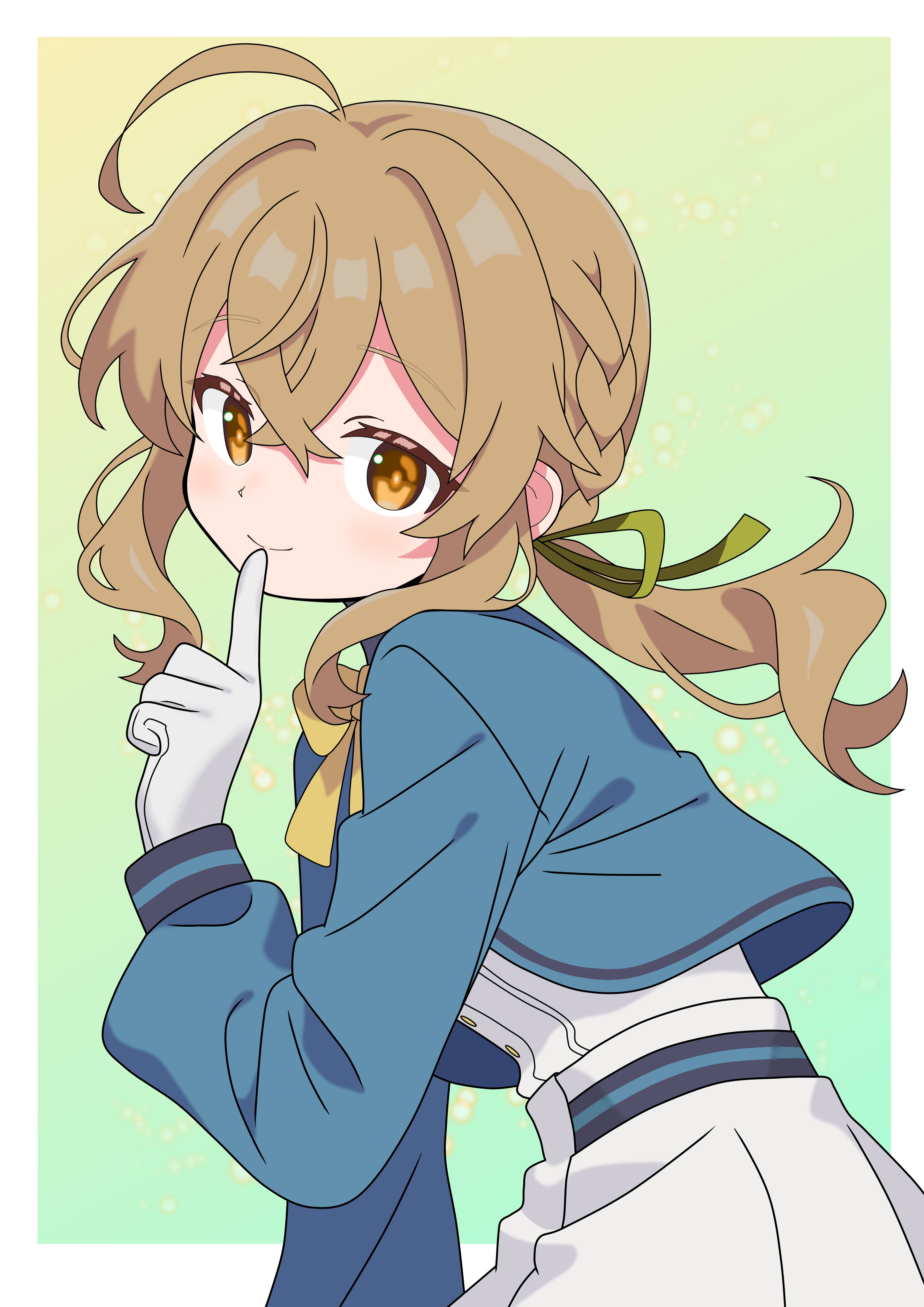 soramame (mvfn8342), monica everett, silent witch, absurdres, commentary request, highres, 1girl, blue jacket, border, braid, brown eyes, brown hair, closed mouth, finger to mouth, gloves, gradient background, green background, index finger raised, jacket, outside border, shushing, solo, upper body, white border, white gloves