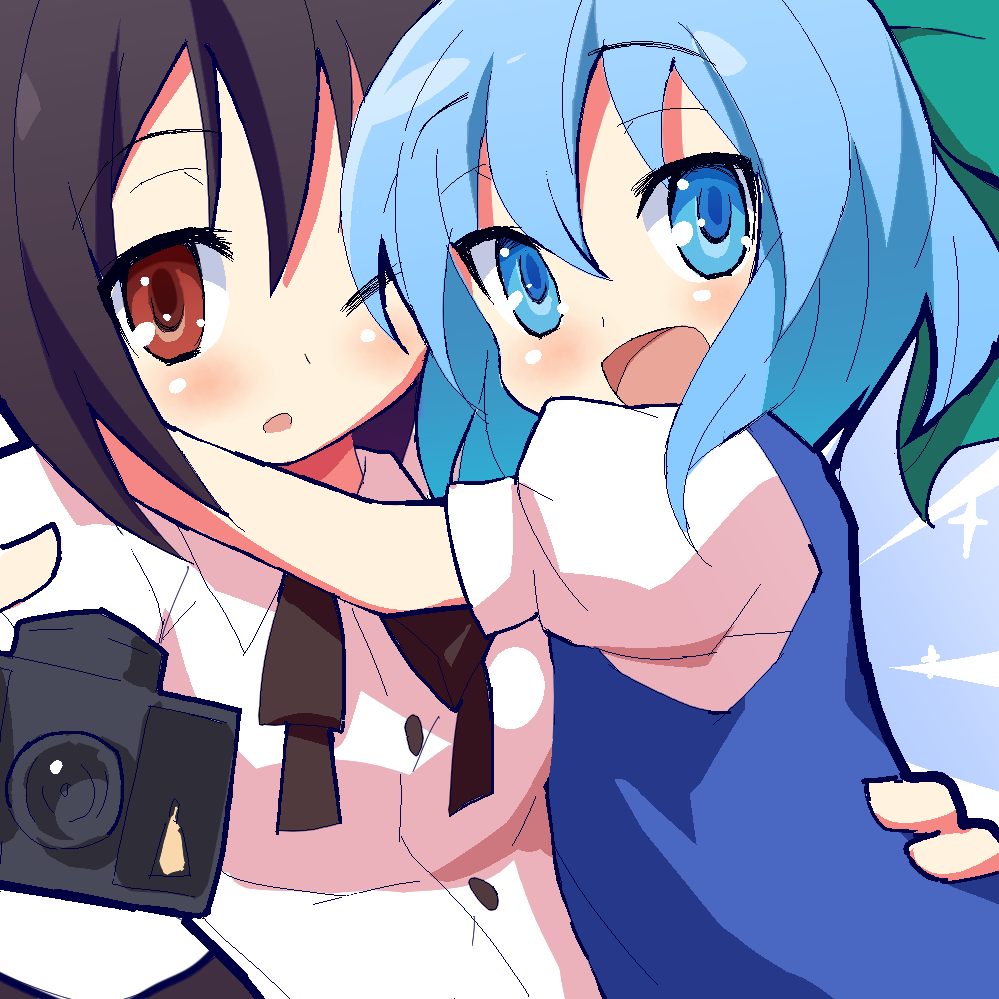 9law, cirno, shameimaru aya, touhou, bad id, bad pixiv id, metadata reference, 2girls, :d, black hair, blue eyes, blue hair, blush, bow, camera, hug, multiple girls, oekaki, one eye closed, open mouth, red eyes, short hair, smile