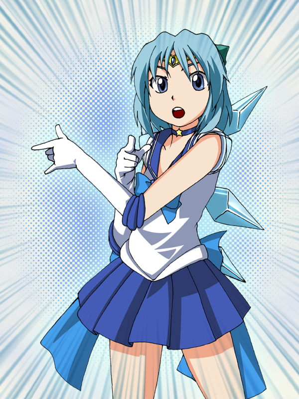 t-asama, cirno, sailor mercury, bishoujo senshi sailor moon, touhou, 1girl, alternate costume, blue eyes, blue hair, blue sailor collar, blue skirt, bow, choker, color connection, cosplay, elbow gloves, female focus, gloves, hair bow, magical girl, matching hair/eyes, parody, power connection, sailor collar, sailor mercury (cosplay), short hair, skirt, solo, tiara, tsuki ni kawatte oshioki yo, white gloves, wings