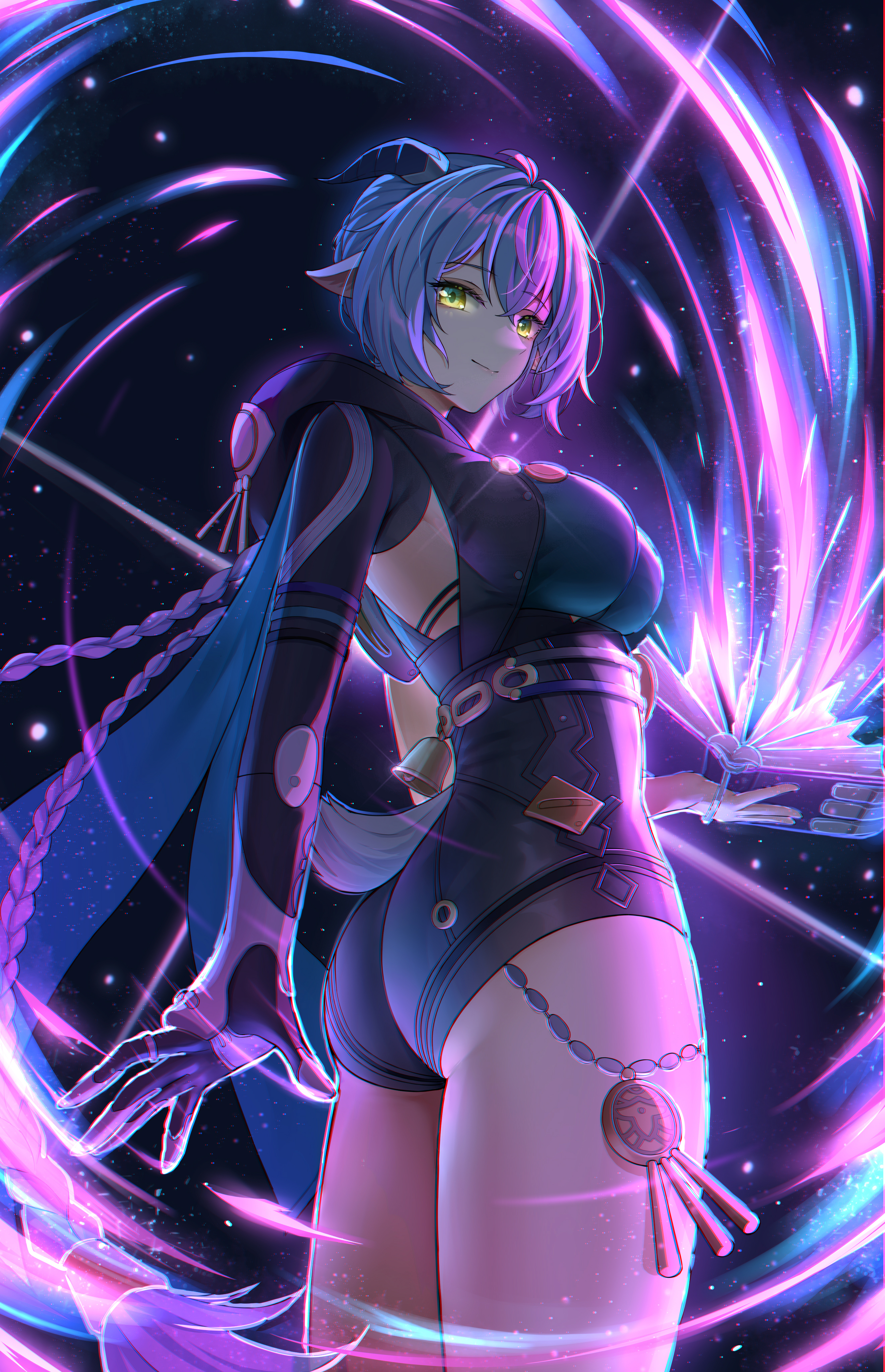 ying ling, lucia elowen, zenless zone zero, absurdres, highres, 1girl, animal ears, blue hair, braid, breasts, closed mouth, from side, goat ears, goat girl, goat horns, hood, hood down, horns, long hair, looking at viewer, pointy ears, smile, solo, standing, thighs, twin braids, yellow eyes