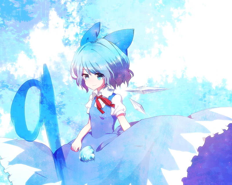 kurosujuu, cirno, phantasmagoria of flower view, touhou, bad id, bad pixiv id, 1girl, blue dress, blue eyes, blue hair, bow, circled 9, dress, female focus, frozen, hair bow, matching hair/eyes, no nose, poop, short hair, smile, solo, stick, wings