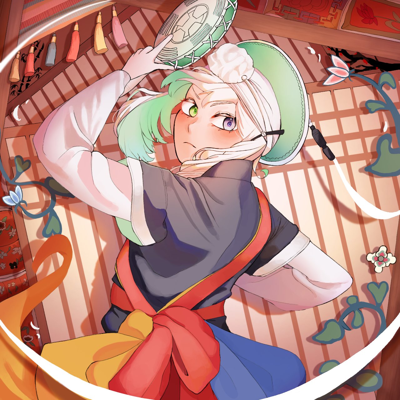 langis16, utatane piko, vocaloid, commentary, highres, symbol-only commentary, 1boy, blue flower, blush, closed mouth, colored inner hair, flower, frown, green eyes, green hair, green hat, hat, heterochromia, looking at viewer, male focus, multicolored hair, purple eyes, solo, tassel, white hair