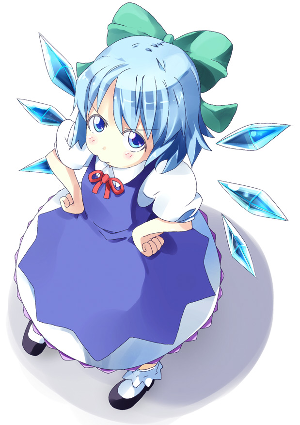 kou (ahms), cirno, touhou, bad id, bad pixiv id, 1girl, blue eyes, blue hair, bow, female focus, hair bow, matching hair/eyes, pout, short hair, solo, wings