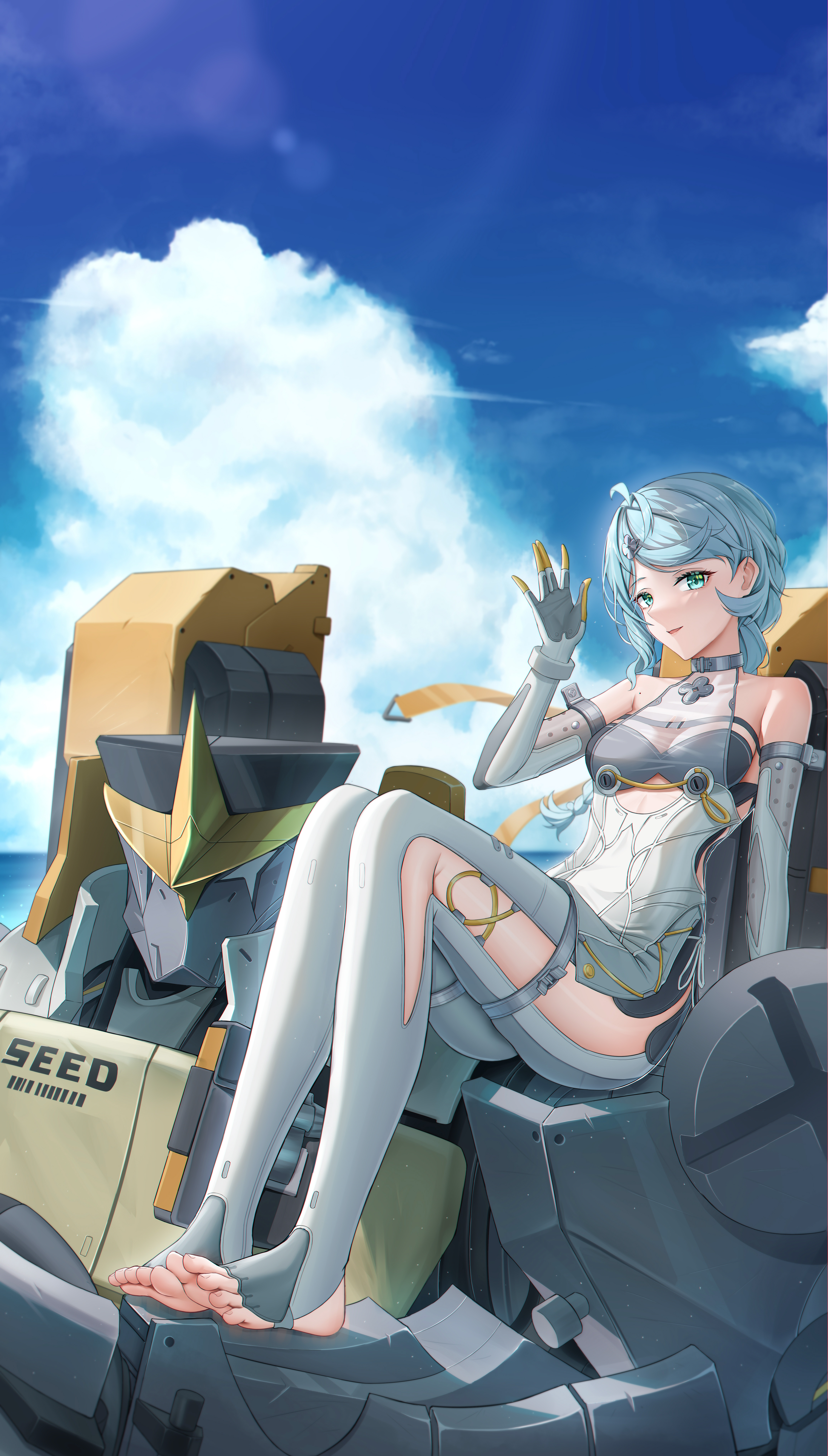 ying ling, seed (zenless zone zero), seed sr., zenless zone zero, absurdres, highres, 1girl, bare shoulders, blue hair, blue sky, breasts, cloud, elbow gloves, full body, gloves, hand up, long hair, looking at viewer, mecha, outdoors, parted lips, robot, screw hair ornament, sitting, sky, smile, toeless legwear, toes, white gloves