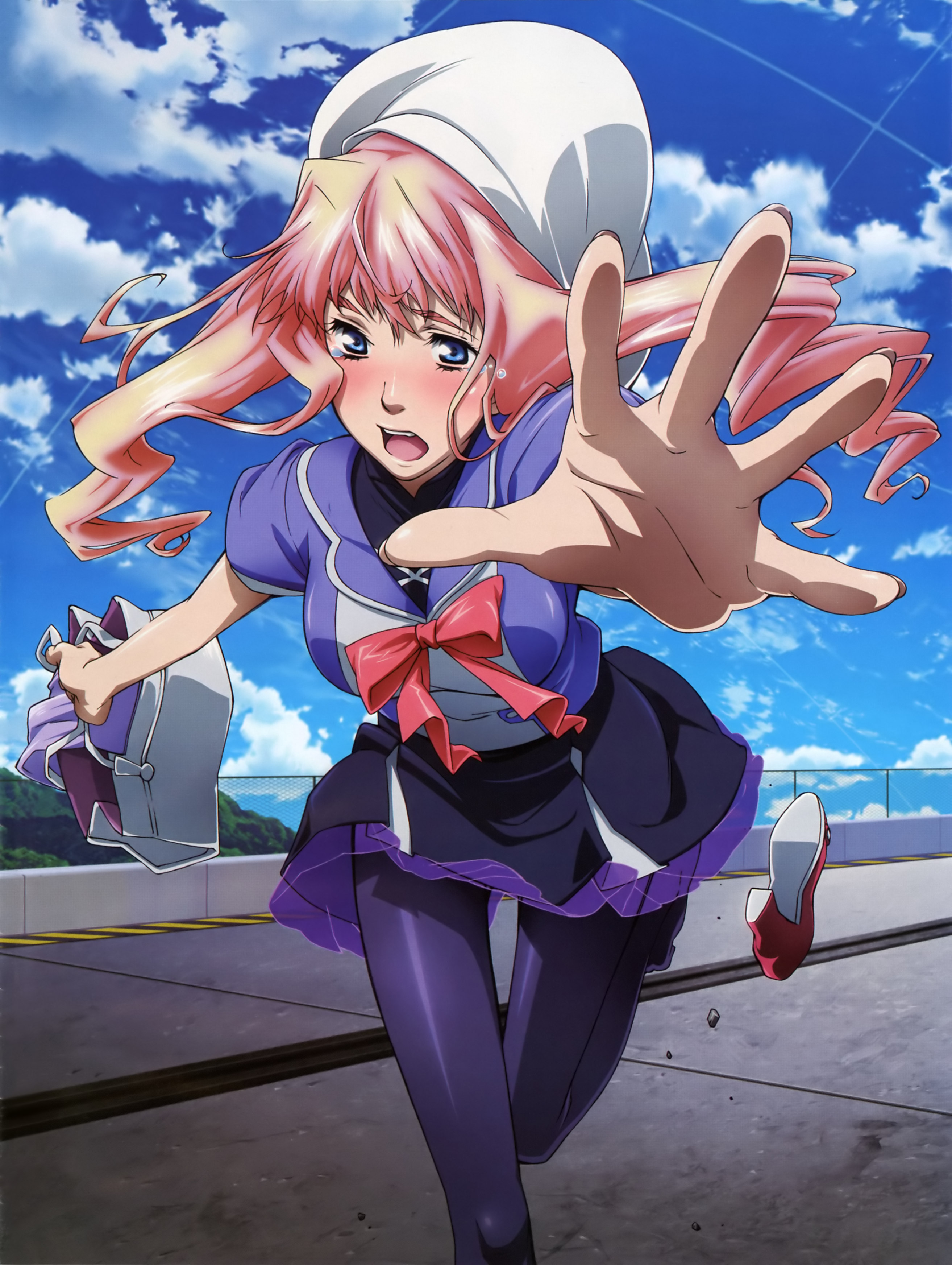 mamezuka takashi, sheryl nome, macross, macross frontier, macross frontier: itsuwari no utahime, absurdres, highres, 00s, bag, blonde hair, blue eyes, cloud, day, open mouth, outstretched hand, pantyhose, running, school uniform, skirt, sky, solo, tears