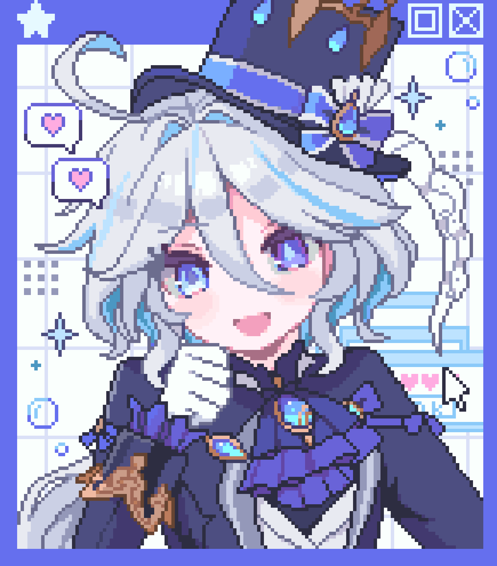 furina (genshin impact), genshin impact, commentary, highres, symbol-only commentary, 1girl, :d, amenbopotupotu, ascot, black hat, black jacket, black shirt, blue ascot, blue border, blue bow, blue eyes, blue gemstone, blue hair, blue hat, blue pupils, border, bow, bubble, clenched hand, colored inner hair, cowlick, double-parted bangs, drop-shaped pupils, eyes visible through hair, frilled sleeves, frills, gem, gloves, grid background, hair between eyes, hair flaps, hair intakes, hand on own cheek, hand on own face, hand up, hat, hat bow, heart, heterochromia, jacket, long hair, long sleeves, looking at viewer, low ponytail, mismatched pupils, multicolored hair, no nose, open clothes, open jacket, open mouth, outside border, pixel art, ponytail, purple eyes, shirt, sidelocks, simple background, single eyebrow, smile, solo, sparkle, spoken heart, star (symbol), streaked hair, symbol-shaped pupils, tongue, top hat, tsurime, two-tone hair, upper body, white background, white gloves, white hair, window (computing)