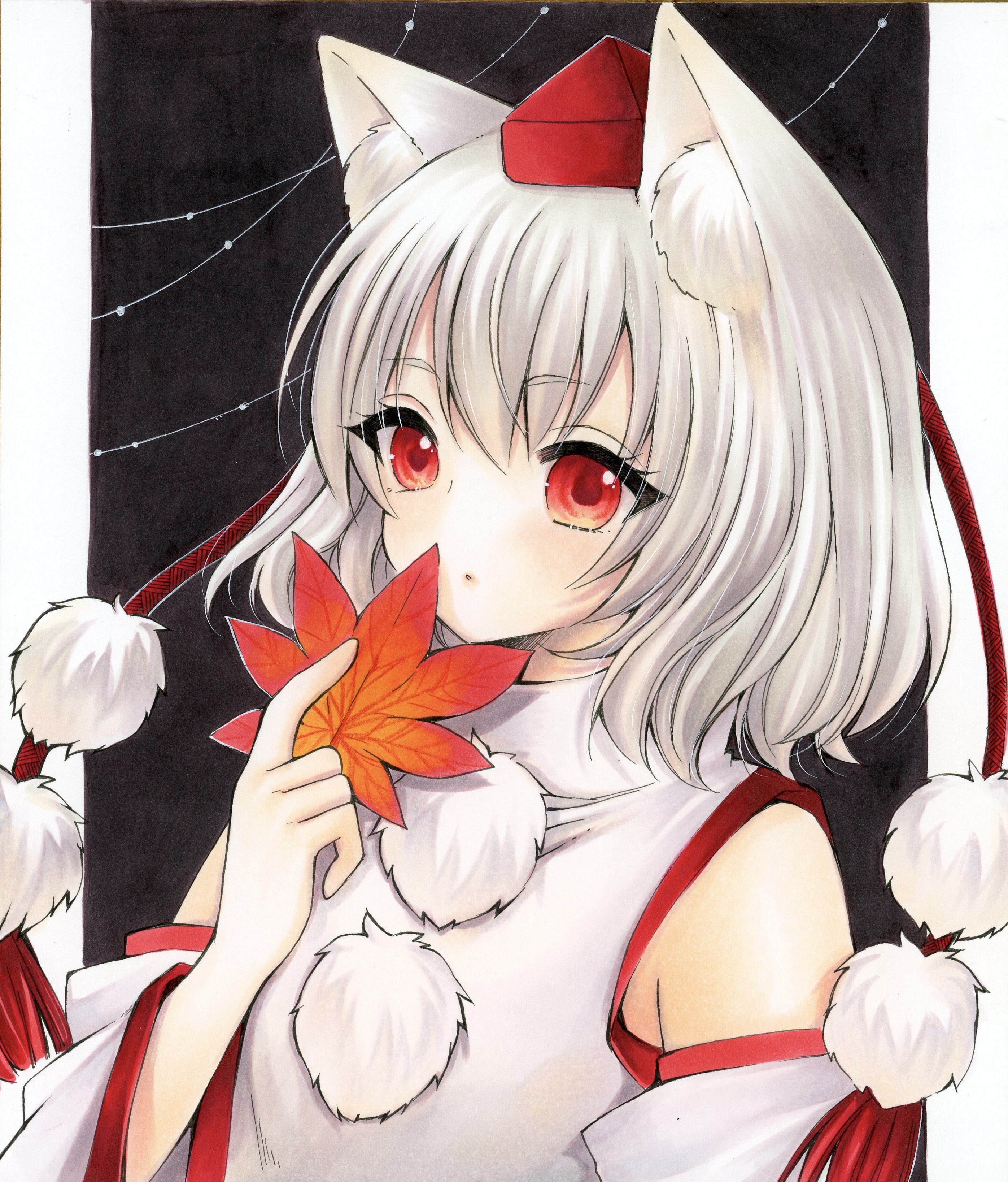 yuuki hana (jtnp5334), inubashiri momiji, touhou, absurdres, commentary, highres, symbol-only commentary, 1girl, animal ear fluff, animal ears, autumn leaves, detached sleeves, grey hair, hat, holding, holding leaf, leaf, maple leaf, pom pom (clothes), red eyes, red hat, solo, tokin hat, wolf ears, wolf girl