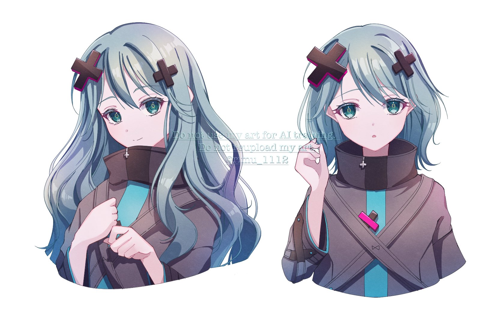 rimu 1112, batsu miku, hatsune miku, kowareta sekai to utaenai miku, project sekai, vocaloid, commentary request, highres, 1girl, alternate costume, aqua eyes, aqua hair, closed mouth, coat, grey coat, hair between eyes, hair ornament, long hair, looking at viewer, official alternate costume, official alternate hairstyle, open mouth, parted lips, short hair, simple background, upper body, very long hair, watermark, wavy hair, white background, x hair ornament