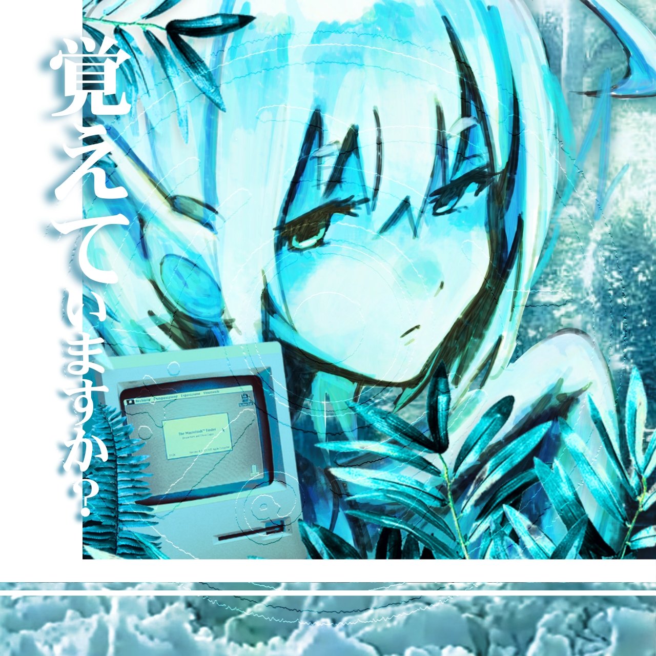 utatane piko, apple inc., commentary, english commentary, highres, translation request, 1boy, ahoge, blue eyes, blue theme, closed mouth, disveri, frown, green eyes, hair between eyes, heterochromia, looking at viewer, macintosh, male focus, solo, white hair