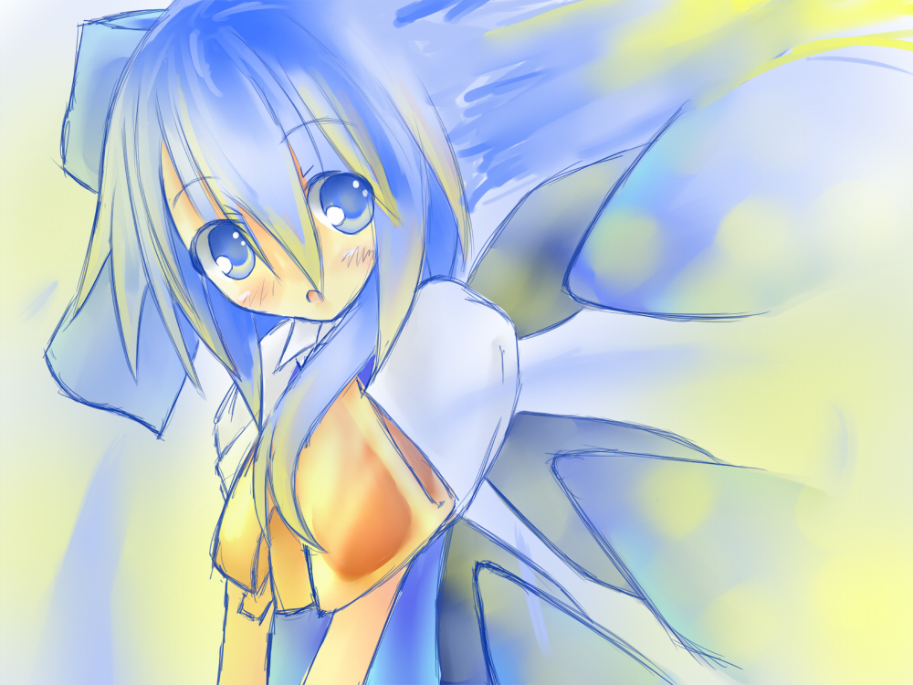 tenma riruto, cirno, embodiment of scarlet devil, touhou, bad id, bad pixiv id, 1girl, blue eyes, blue hair, female focus, gradient background, matching hair/eyes, short hair, solo