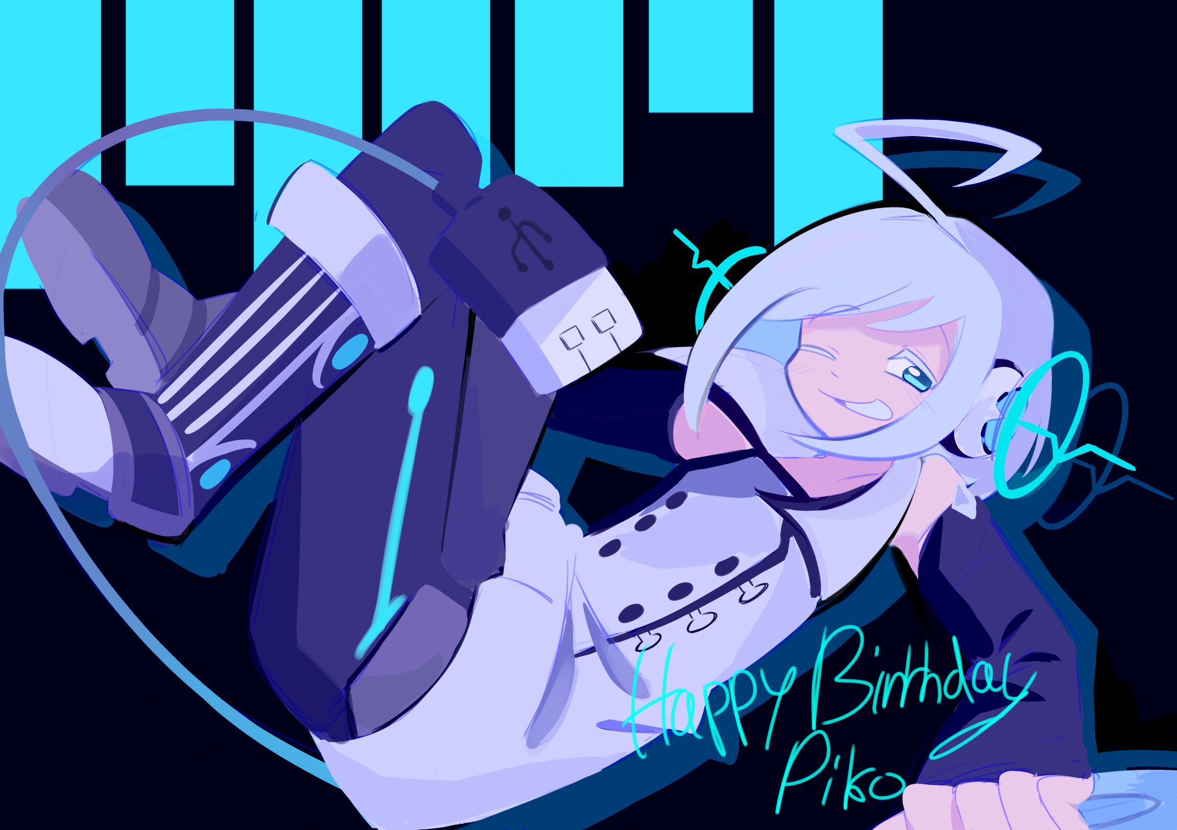fafameow, utatane piko, vocaloid, hashtag-only commentary, highres, 1boy, ahoge, black pantyhose, black shoes, black sleeves, blue eyes, character name, detached sleeves, dress, full body, grin, happy birthday, long sleeves, male focus, one eye closed, pantyhose, shoes, short hair, smile, solo, teeth, usb cable, white dress, white hair
