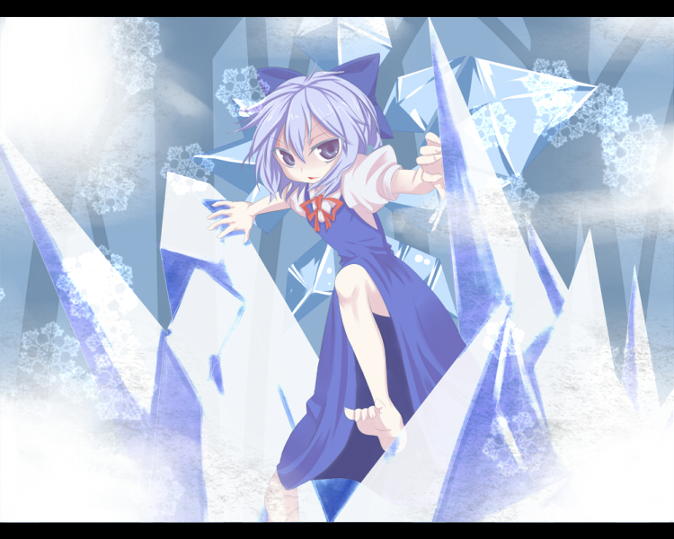 ryu-tan, cirno, embodiment of scarlet devil, touhou, bad id, bad pixiv id, md5 mismatch, 1girl, barefoot, blue eyes, blue hair, bow, female focus, hair bow, ice, letterboxed, looking at viewer, matching hair/eyes, short hair, snowflakes, solo, wings