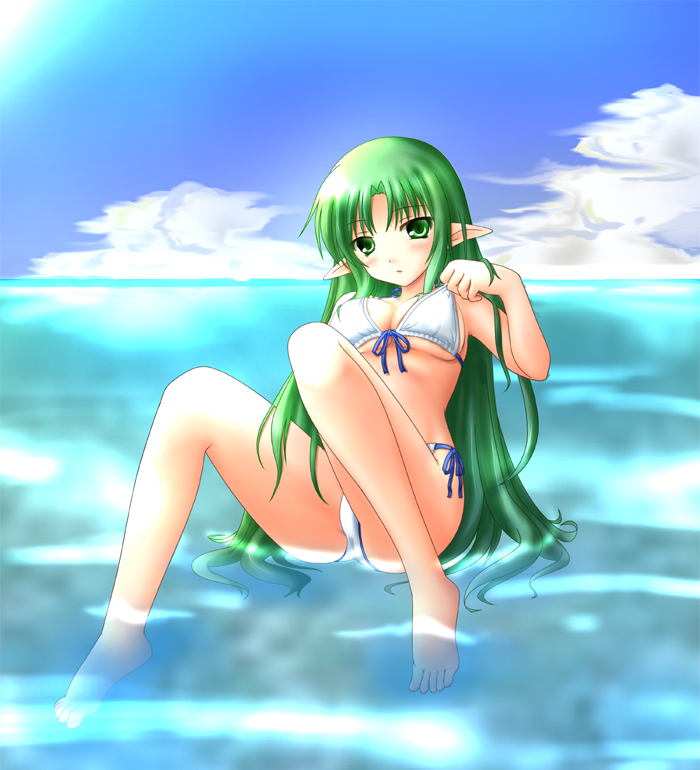 mitsuki (shuffle971), original, 1girl, barefoot, bikini, breasts, cloud, day, elf, female focus, front-tie top, green eyes, green hair, long hair, matching hair/eyes, medium breasts, pointy ears, side-tie bikini bottom, sky, solo, submerged, sun, swimsuit, underboob, very long hair, water