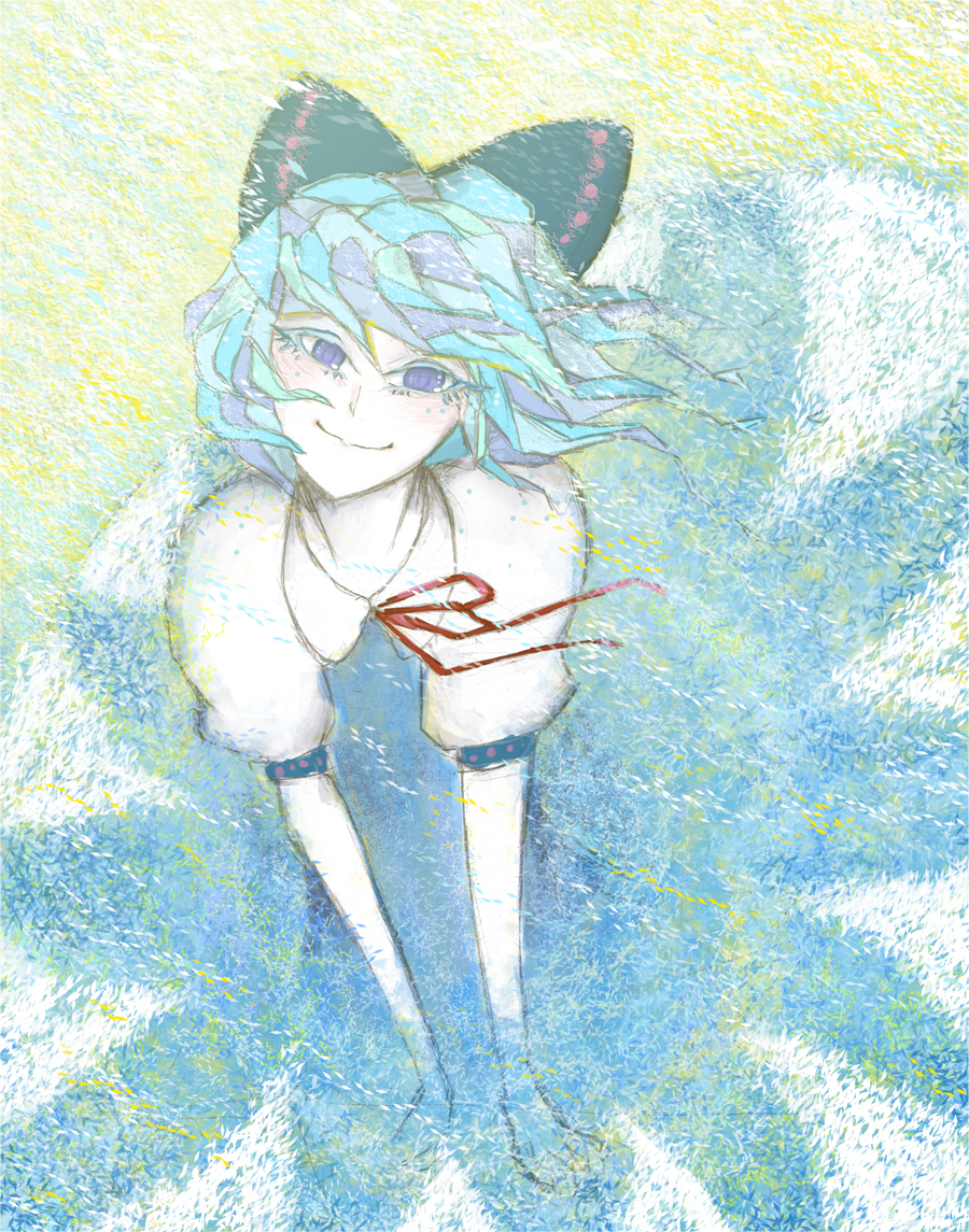 ryokosan, cirno, touhou, touhou hisoutensoku, bad id, bad pixiv id, 1girl, blue eyes, blue hair, bow, female focus, hair bow, matching hair/eyes, pale skin, short hair, smile, solo