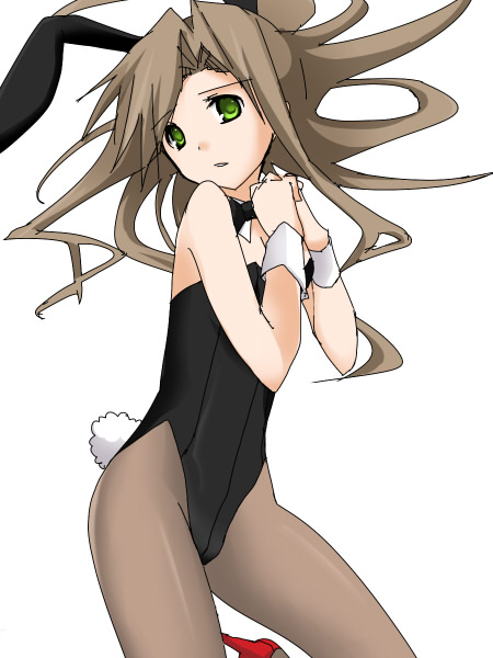 s ruki, daisy oak, nintendo, pokemon, pokemon adventures, bad id, bad pixiv id, 1girl, animal ears, brown hair, fake animal ears, female focus, green eyes, long hair, looking at viewer, lying, pantyhose, playboy bunny, rabbit ears, simple background, solo, white background