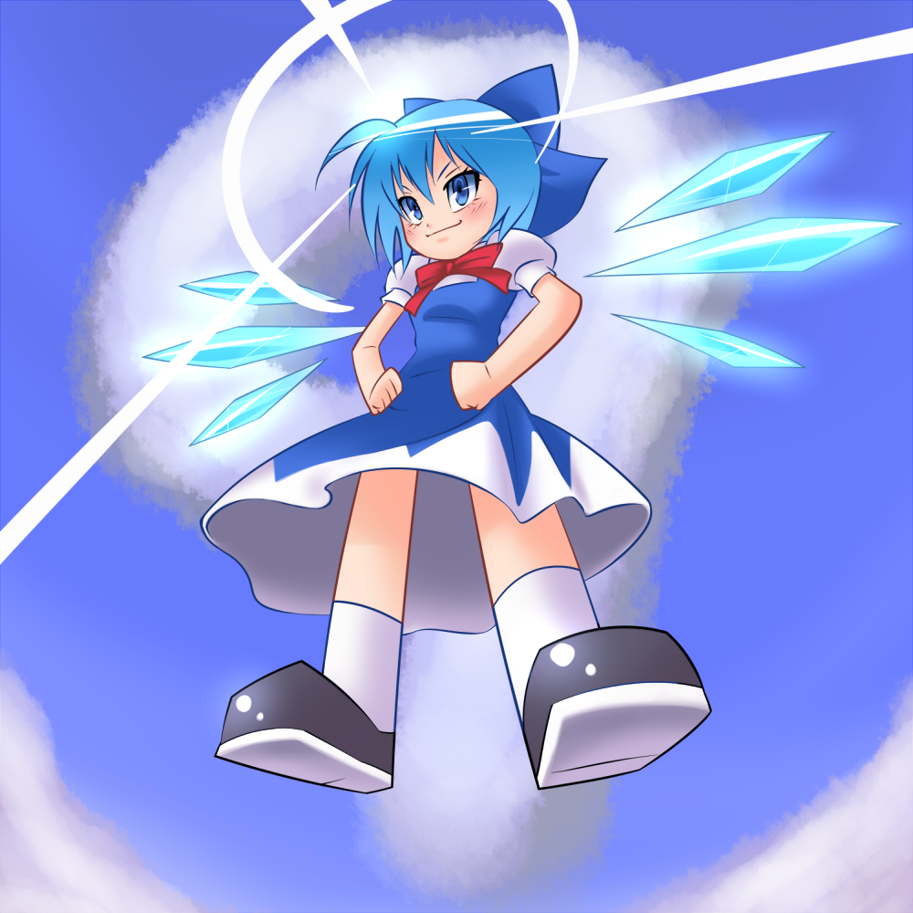 kurenaiha, cirno, embodiment of scarlet devil, touhou, bad id, bad pixiv id, blue eyes, blue hair, bow, hair bow, short hair, wings