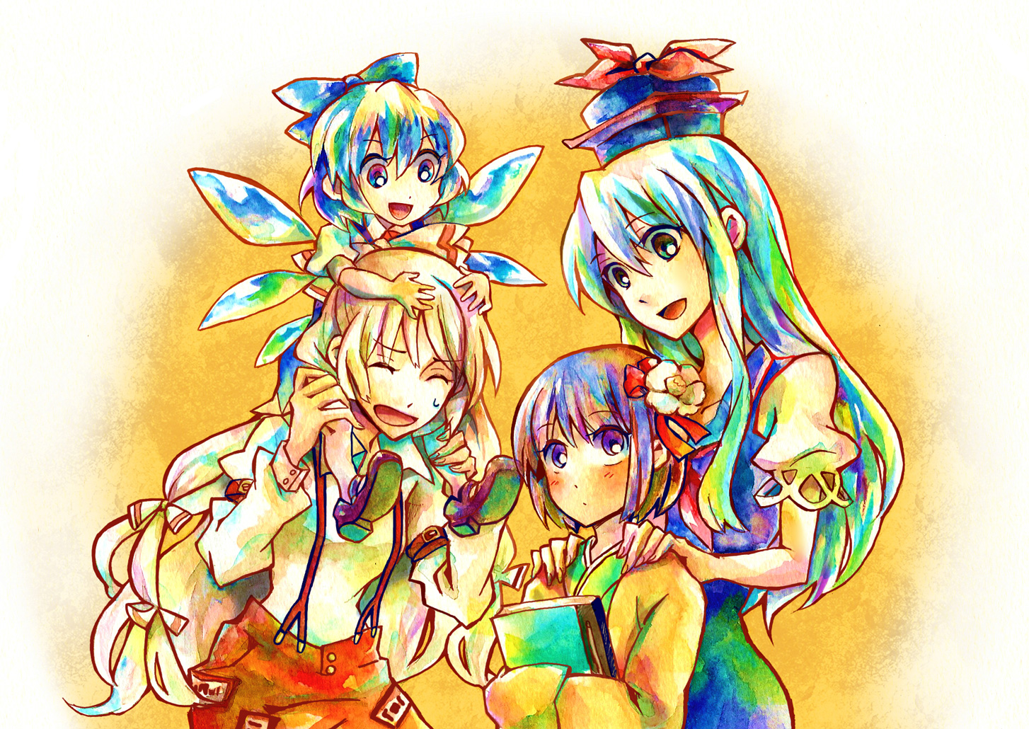 shinoasa, cirno, fujiwara no mokou, hieda no akyuu, kamishirasawa keine, touhou, silver hair, bad id, bad pixiv id, blue eyes, blue hair, bow, flower, hair bow, hair flower, hair ornament, hair ribbon, hat, japanese clothes, long hair, purple eyes, purple hair, ribbon, short hair, suspenders, wings