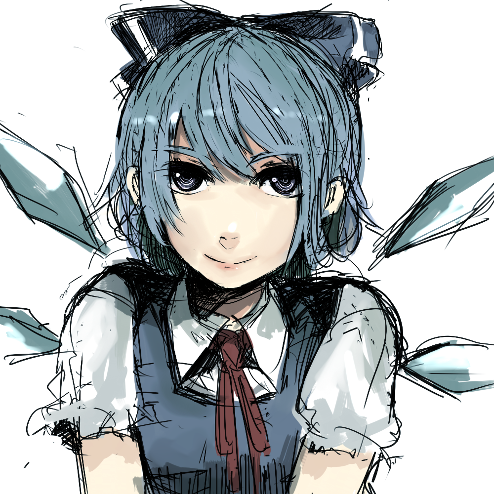 un-known (ninesix), cirno, embodiment of scarlet devil, touhou, bad id, bad pixiv id, 1girl, female focus, sketch, smile, solo, white background, wings