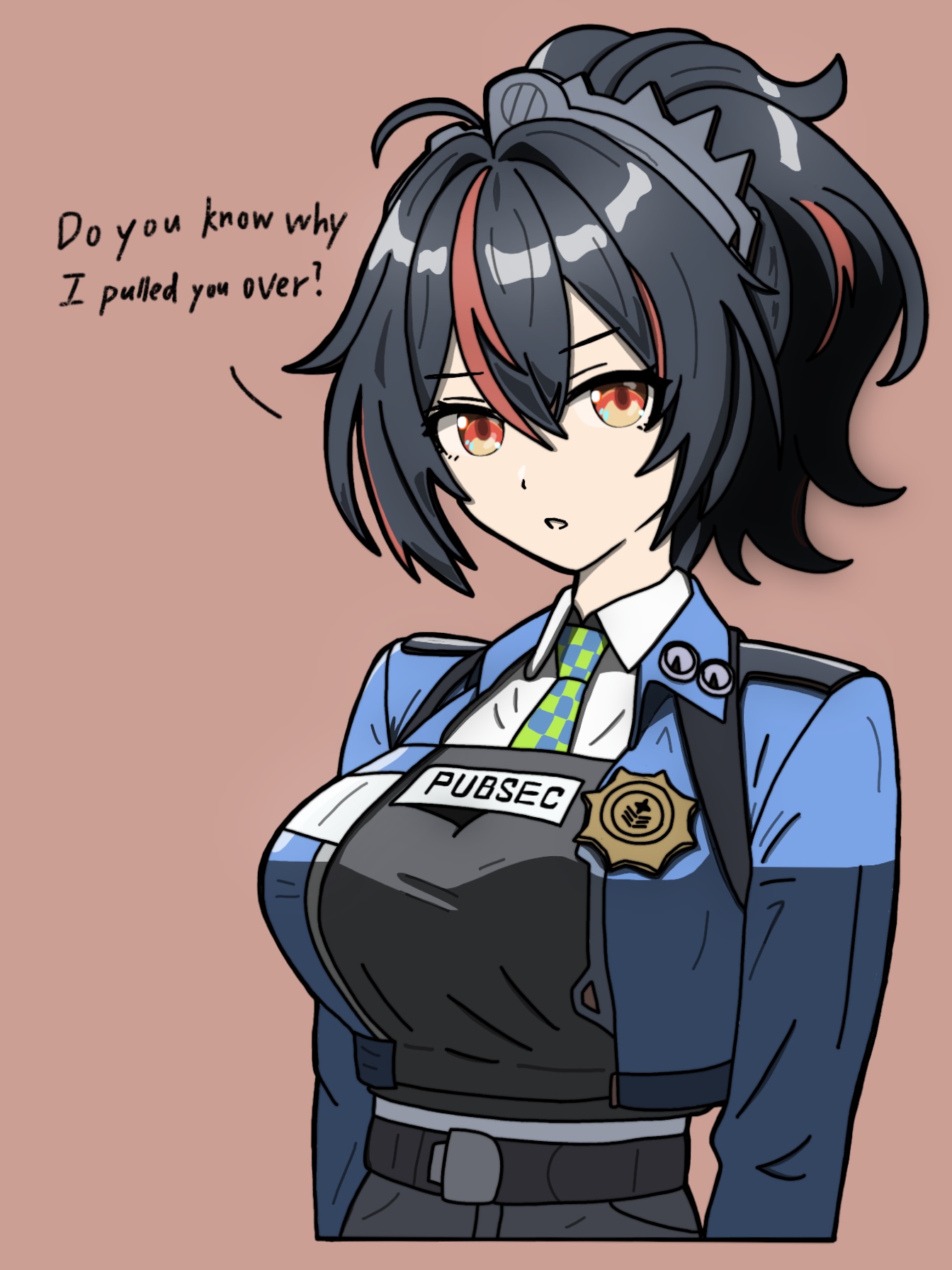 zhu yuan, zenless zone zero, commentary, english commentary, highres, 1girl, black hair, blue jacket, breasts, checkered necktie, cropped torso, english text, green necktie, hairband, hibarakirari, jacket, large breasts, looking at viewer, metal hairband, multicolored hair, necktie, parted lips, police, police uniform, policewoman, ponytail, red eyes, red hair, simple background, solo, streaked hair