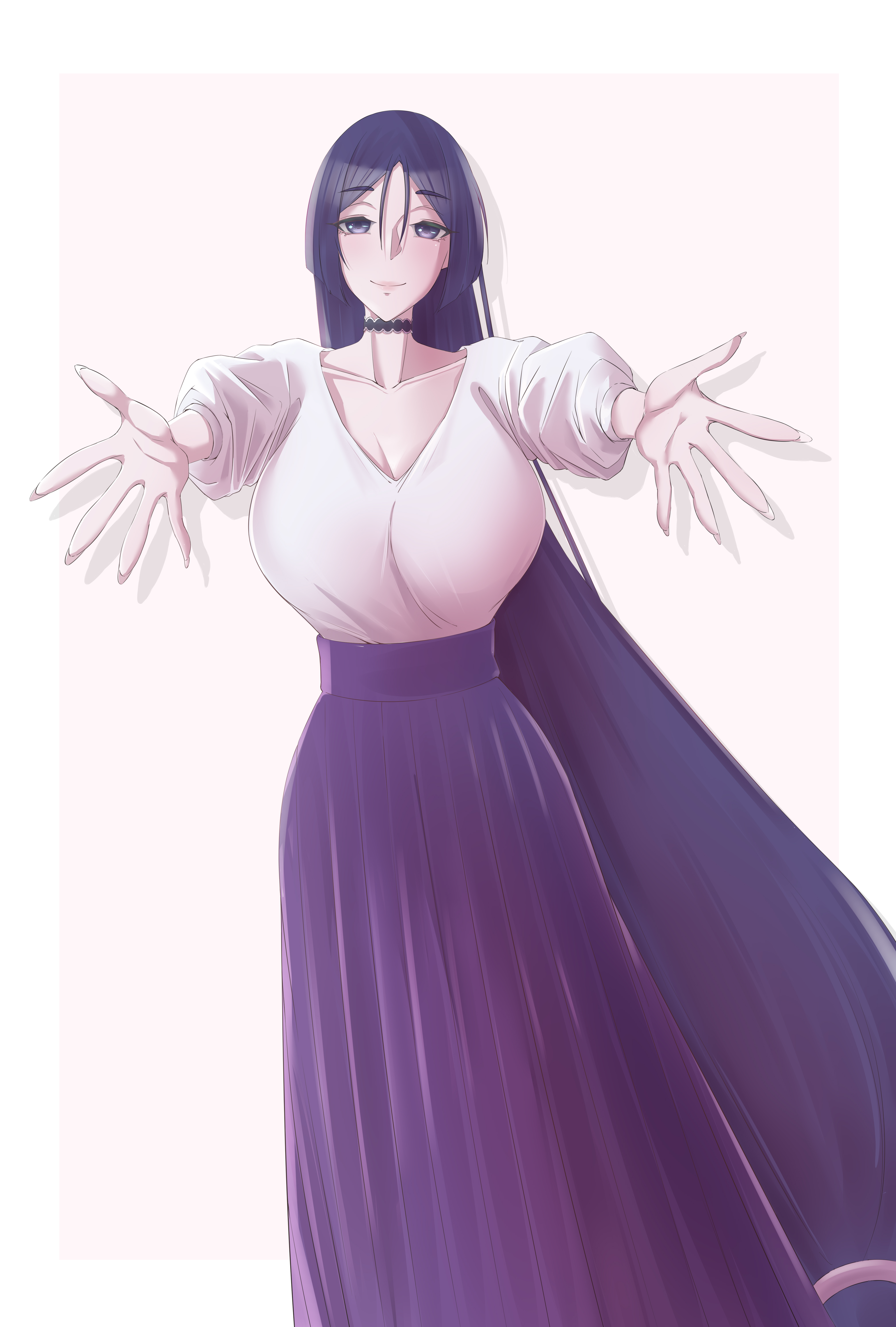 mantou devil, minamoto no raikou (fate), fate/grand order, fate (series), absurdres, highres, 1girl, blush, breasts, choker, cleavage, collarbone, large breasts, long hair, long skirt, looking at viewer, outstretched arms, parted bangs, puffy short sleeves, puffy sleeves, purple eyes, purple hair, purple skirt, shirt, short sleeves, skirt, smile, solo, very long hair, white shirt