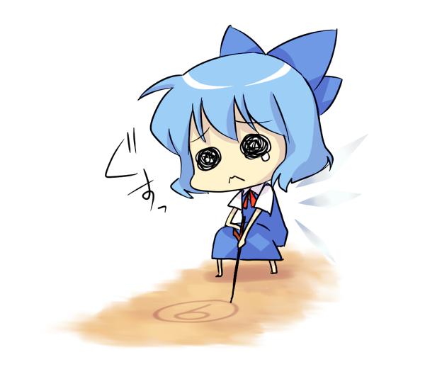 hana azuki, cirno, touhou, drawing, bad id, bad pixiv id, 1girl, :<, blue hair, chibi, circled 9, female focus, full body, sad, sand, short hair, solo, squatting, tears, white background, wings