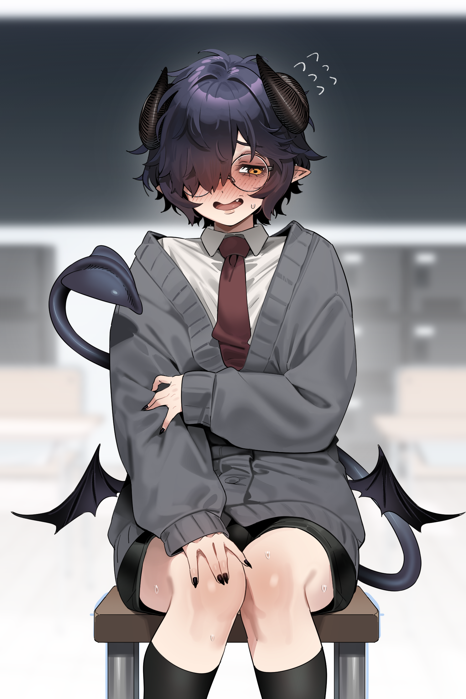 in (ain), original, commentary, highres, paid reward available, variant set, 1boy, black hair, black nails, black shorts, black socks, black tail, blush, cardigan, chair, demon boy, demon horns, demon tail, demon wings, fingernails, freckles, glasses, grey cardigan, hair over one eye, half-closed eyes, holding own arm, horns, indoors, looking to the side, low wings, male focus, necktie, nose blush, parted lips, pointy ears, red necktie, round eyewear, school, school chair, school uniform, sharp fingernails, shirt, short hair, shorts, sitting, sleeves past wrists, socks, solo, sweatdrop, tail, tareme, thighs, white shirt, wing collar, wings