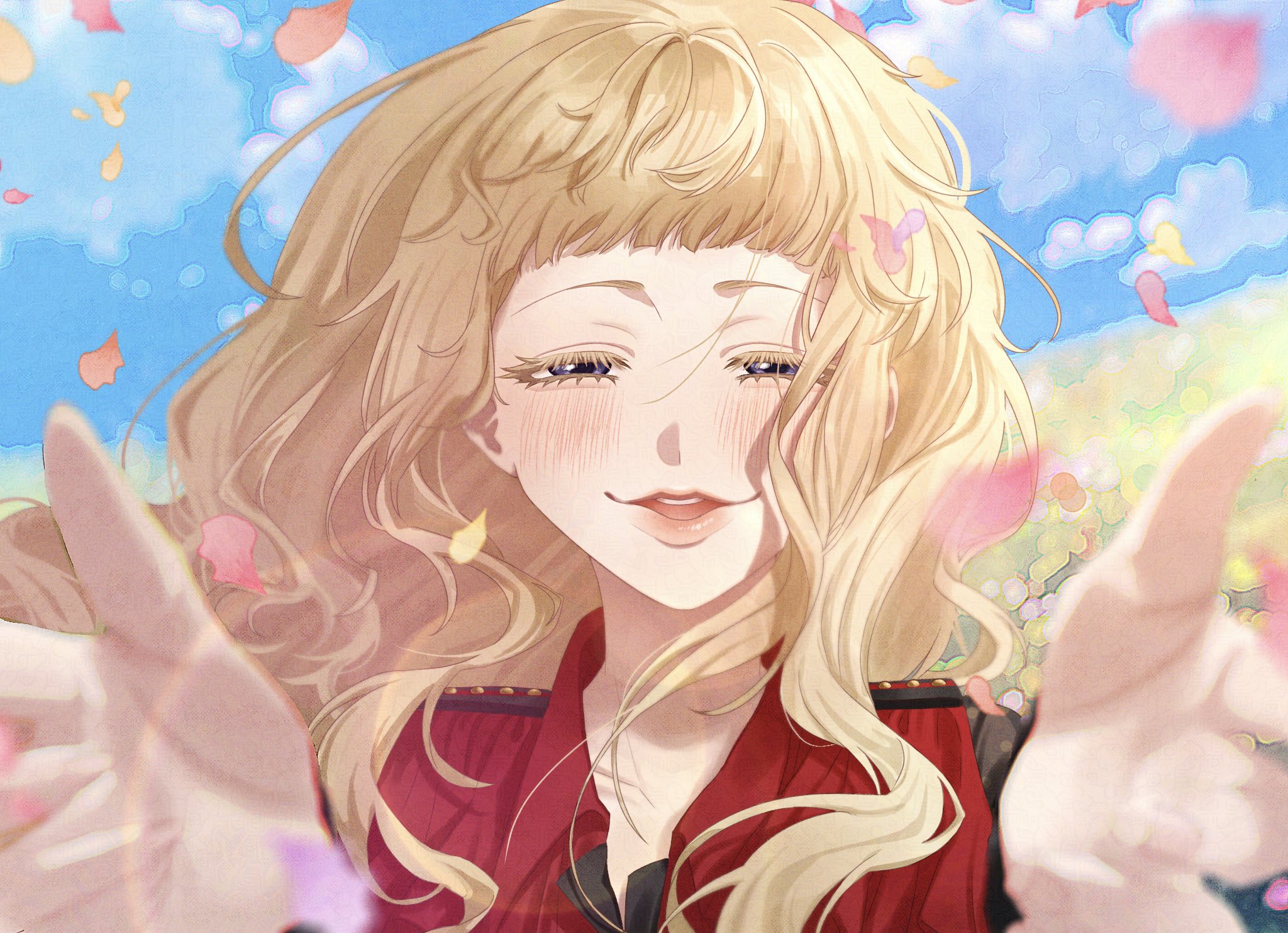 kukrushka (gnosia), gnosia, highres, 1girl, blonde hair, blue eyes, blunt bangs, blurry, blurry background, blush, dress, falling petals, half-closed eyes, lens flare, open mouth, orz c0, petals, reaching, reaching towards viewer, red dress, see-through clothes, see-through sleeves, solo, thick eyelashes