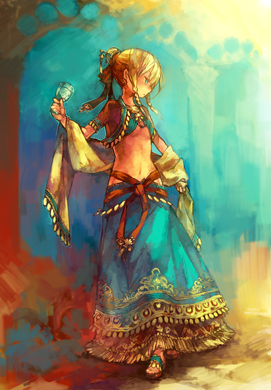 rona (ronarianor), pixiv fantasia, pixiv fantasia 3, looking away, 1girl, arch, blonde hair, braid, breasts, female focus, glass, midriff, profile, sandals, skirt, solo, underboob, walking