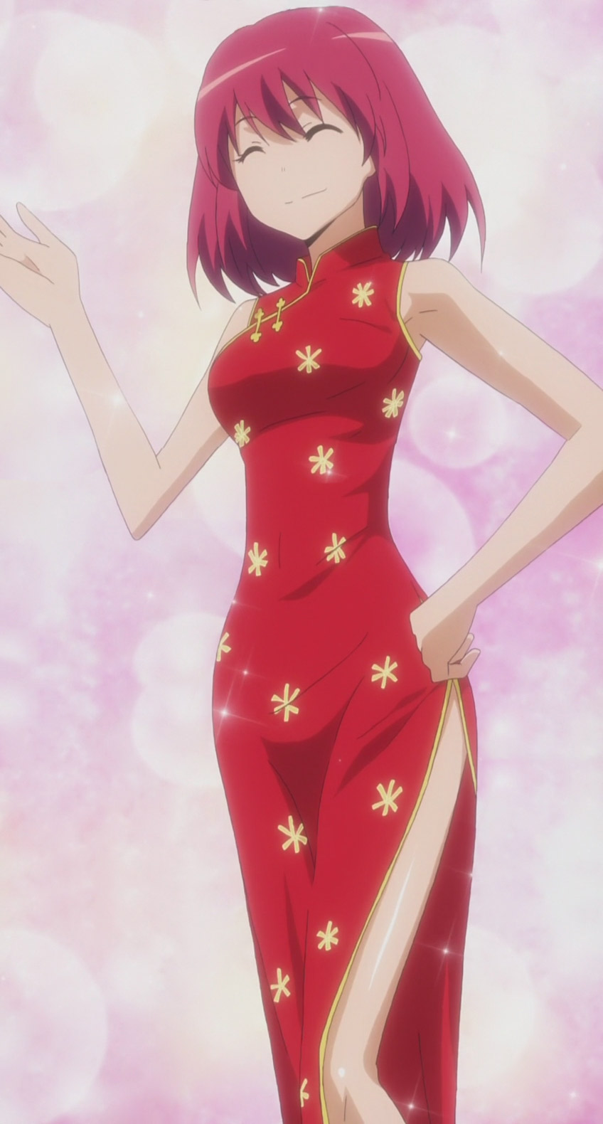 kushieda minori, toradora!, anime screenshot, highres, stitched, third-party edit, 00s, 1girl, bishie sparkle, china dress, chinese clothes, dress, female focus, hand on own hip, smile, solo, sparkle