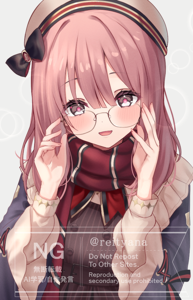 reityana, amayui moka, vspo!, 1girl, belt, black bow, blue jacket, blunt bangs, blush, bow, breasts, buttons, english text, glasses, grey hair, hair between eyes, hands up, hat, hat bow, jacket, long hair, looking at viewer, open mouth, pink hair, pink pupils, red scarf, scarf, simple background, smile, solo, twitter username, virtual youtuber, watermark, white background, white hat