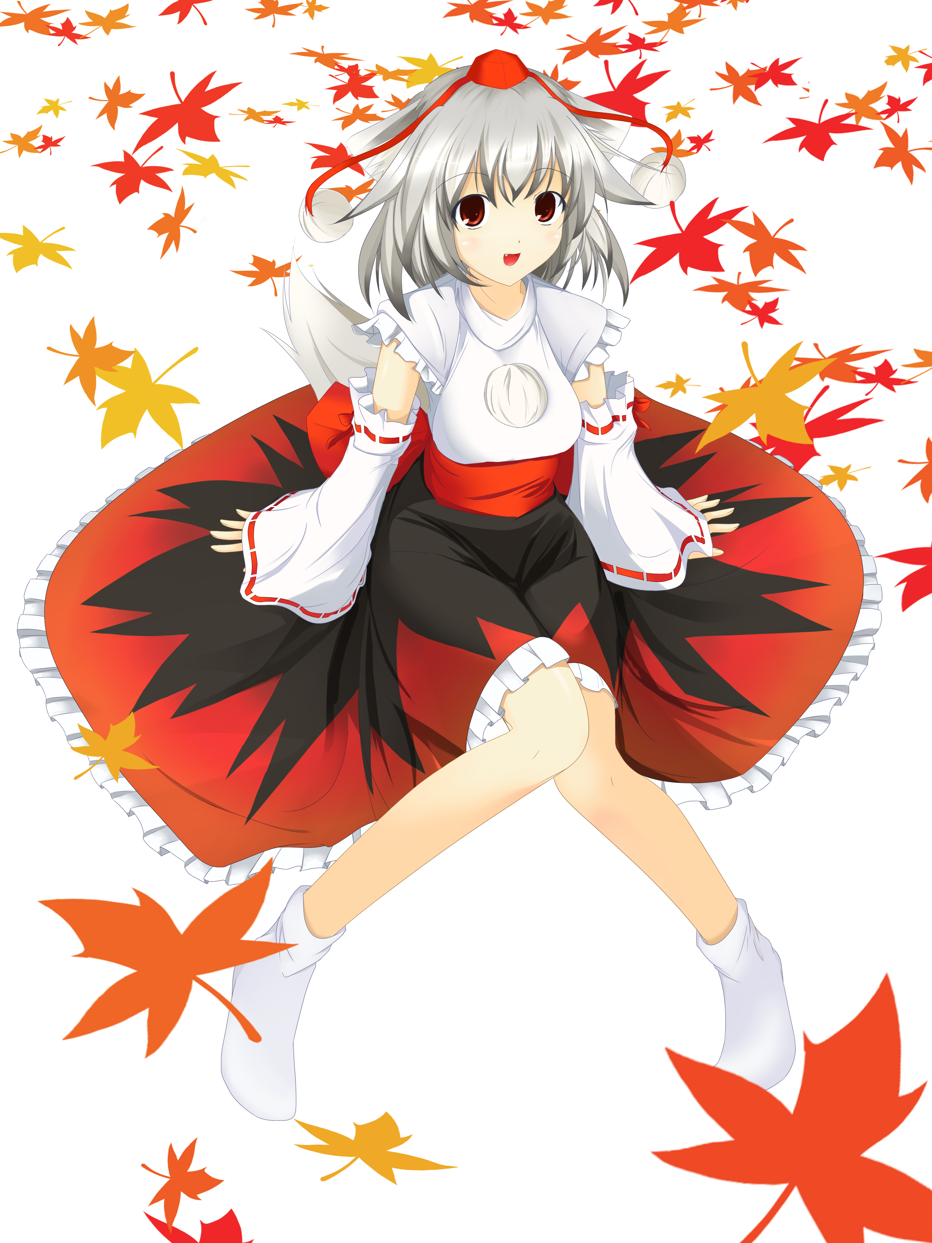 chus, inubashiri momiji, touhou, absurdres, highres, 1girl, animal ears, autumn, detached sleeves, fang, female focus, full body, leaf, maple leaf, sitting, solo, tail, white background, white hair, wolf ears, wolf tail