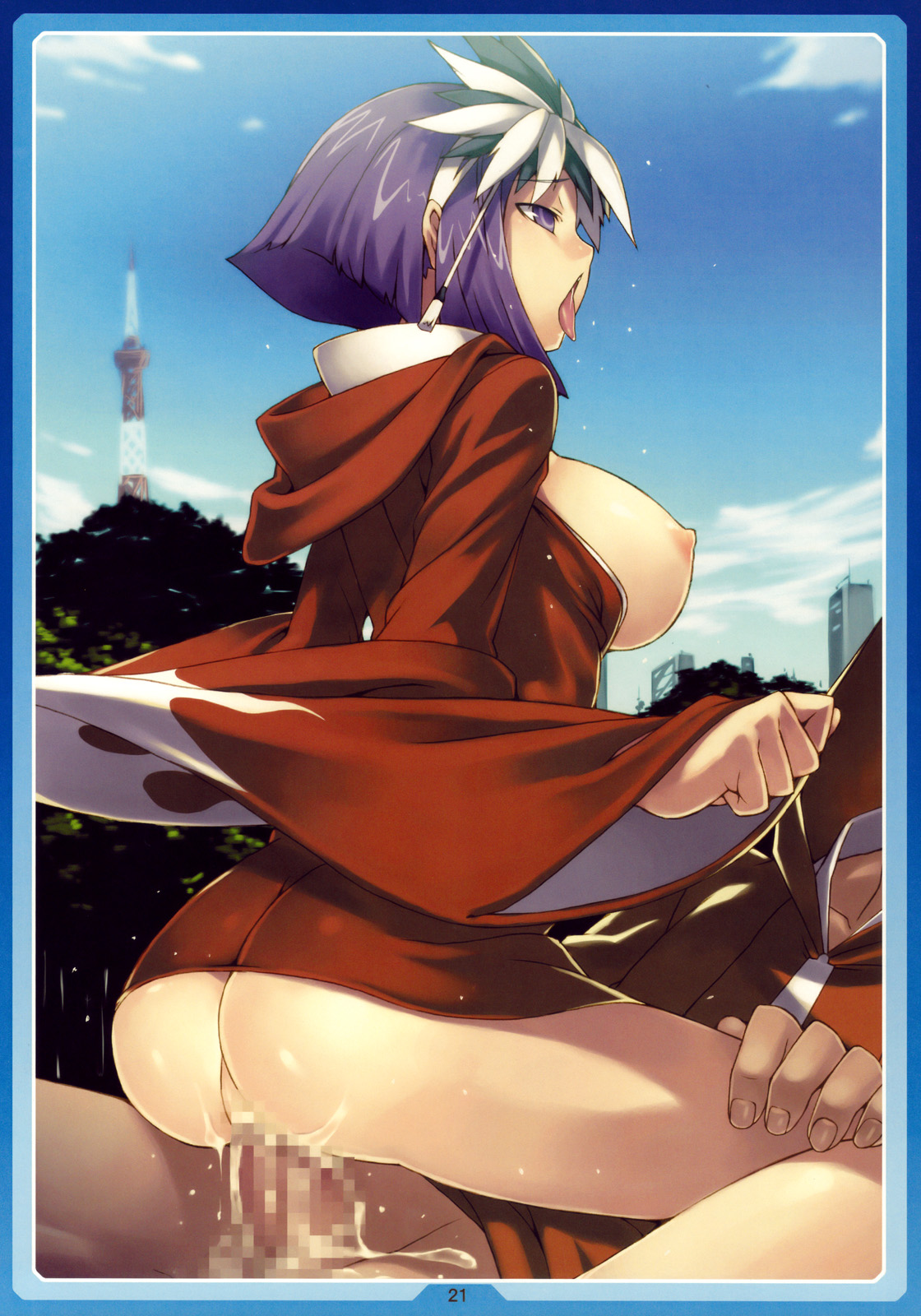tasaka shinnosuke, kuzuryuu amane, devil survivor (series), devil survivor 1, highres, 1girl, ahegao, ass, censored, cowgirl position, cum, feathers, fucked silly, girl on top, headdress, hood, hoodie, mosaic censoring, nipples, penis, purple eyes, purple hair, sex, short hair, solo focus, straddling, tongue, vaginal
