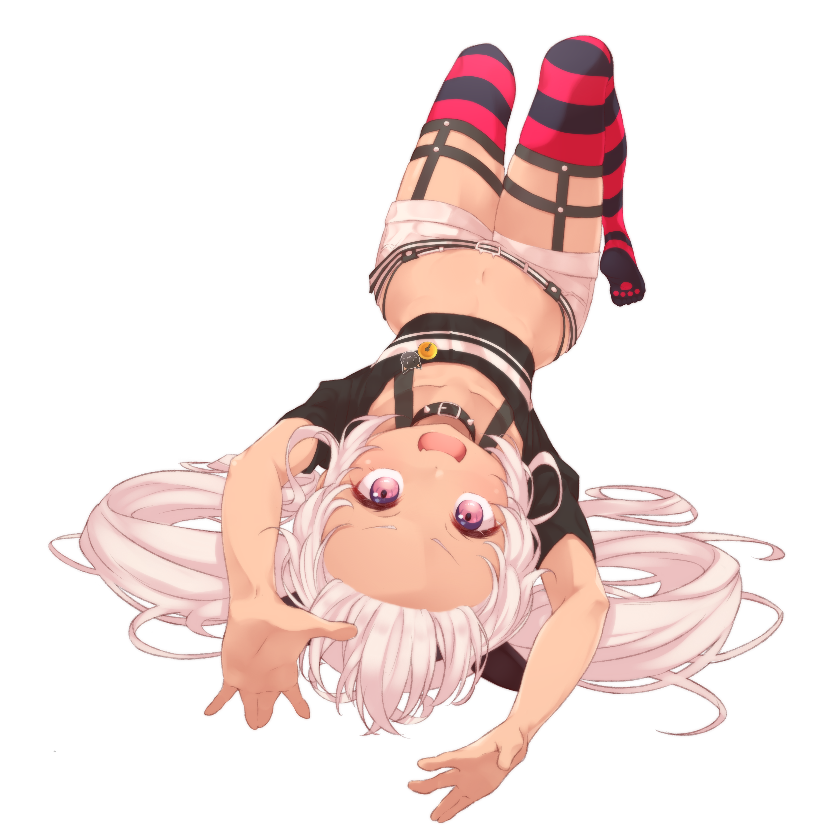 take mawile, matsukai mao, matsukai mao (1st costume), nijisanji, absurdres, highres, 1girl, black collar, black shirt, black thighhighs, breasts, collar, dark-skinned female, dark skin, grey hair, long hair, looking at viewer, navel, open mouth, purple eyes, red thighhighs, shirt, shorts, small breasts, smile, solo, spiked collar, spikes, striped clothes, striped thighhighs, thigh strap, thighhighs, transparent background, virtual youtuber, white shorts