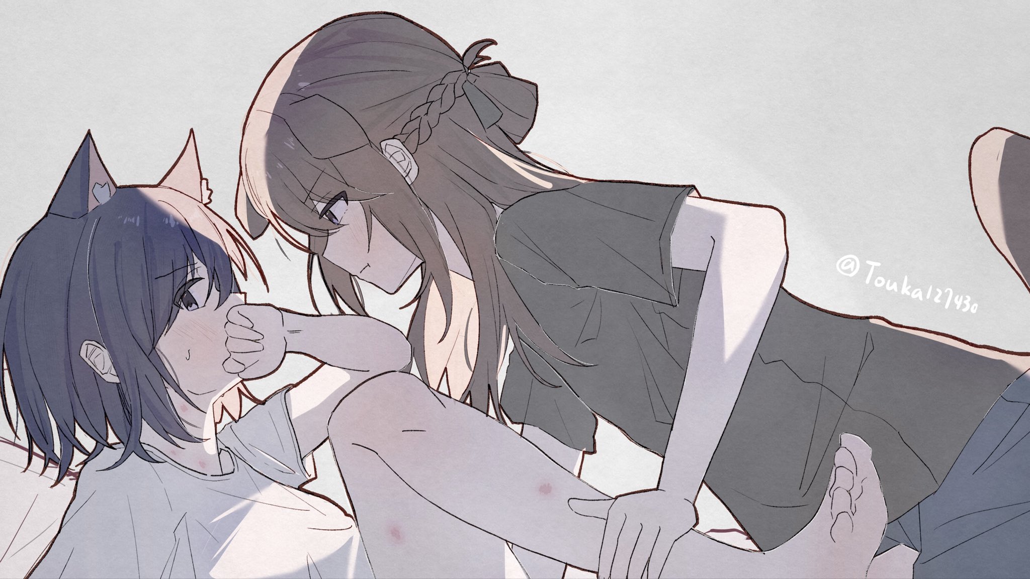 miyagi shiori, sendai hazuki, shuuniichido classmate wo kau hanashi, commentary request, highres, 2girls, animal ears, barefoot, black shirt, blue eyes, blue hair, braid, brown hair, cat ears, dog ears, dog girl, dog tail, grey background, half up braid, hickey, kemonomimi mode, multiple girls, purple eyes, shirt, short hair, tail, toes, touka127430, white shirt, yuri