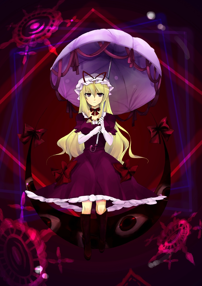 fujino ichi, melodybullet, yakumo yukari, touhou, 1girl, blonde hair, elbow gloves, female focus, gap (touhou), gloves, hat, long hair, purple eyes, ribbon, solo, umbrella, white gloves