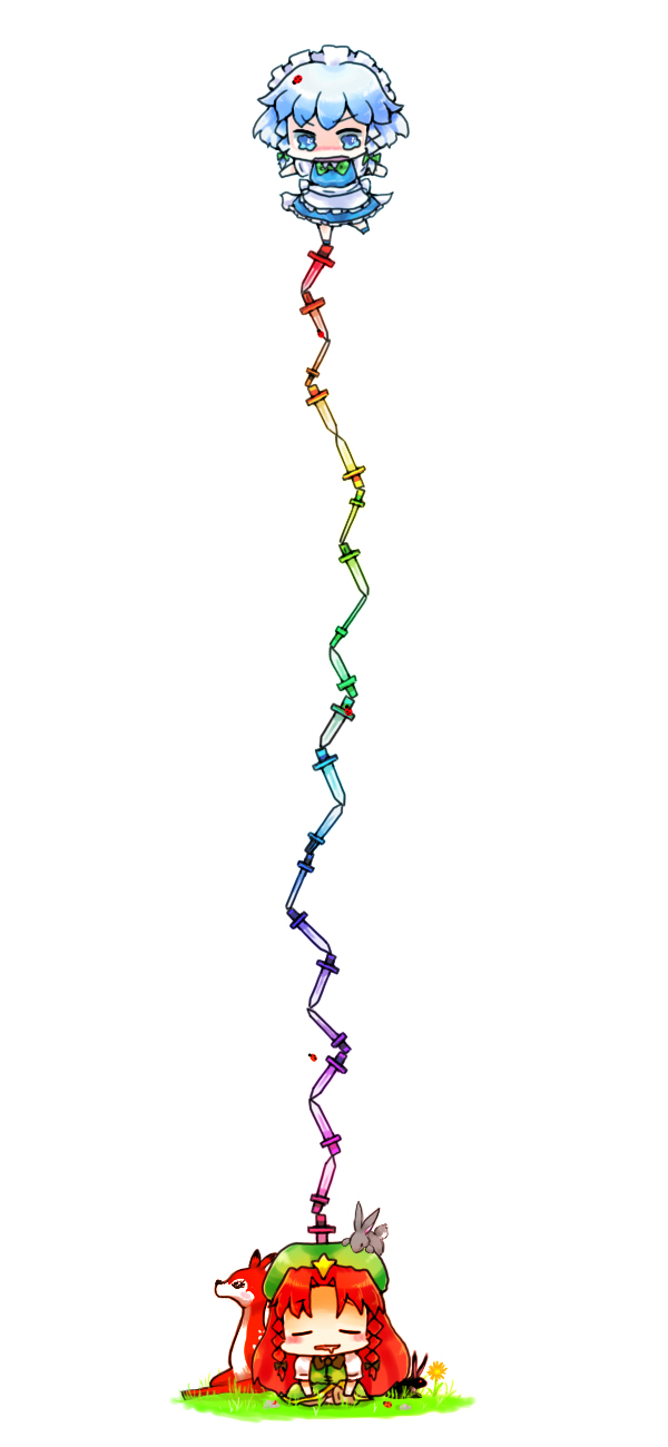 nuime, hong meiling, izayoi sakuya, embodiment of scarlet devil, touhou, bad id, bad pixiv id, highres, 2girls, apron, balancing, bug, chibi, china dress, chinese clothes, colorful, deer, dress, drooling, female focus, hat, insect, knife, ladybug, long hair, maid, maid apron, maid headdress, major injury underreaction, multiple girls, numie, rabbit, rainbow gradient, saliva, short hair, simple background, sleeping, star (symbol), tears, throwing knife, tower, waist apron, wavy eyes, weapon