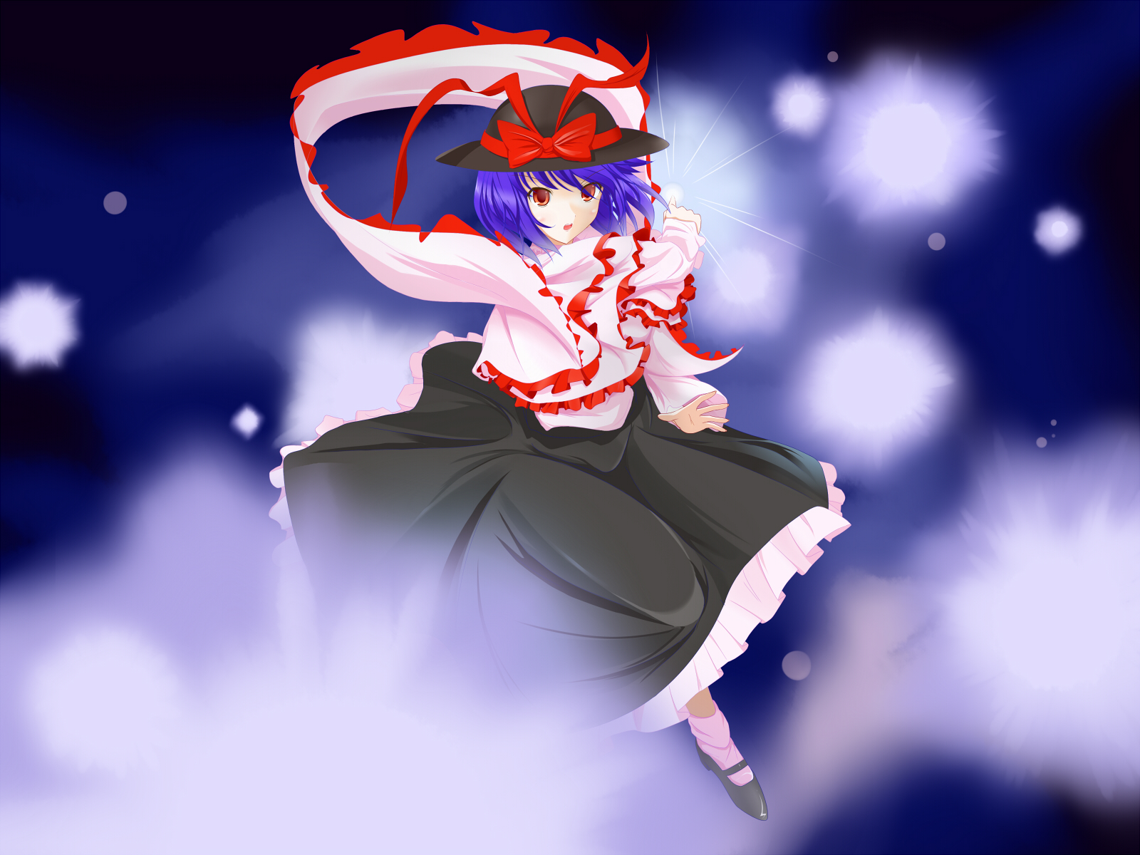 chus, nagae iku, touhou, highres, 1girl, female focus, gradient background, hat, purple hair, red eyes, shawl, short hair, solo