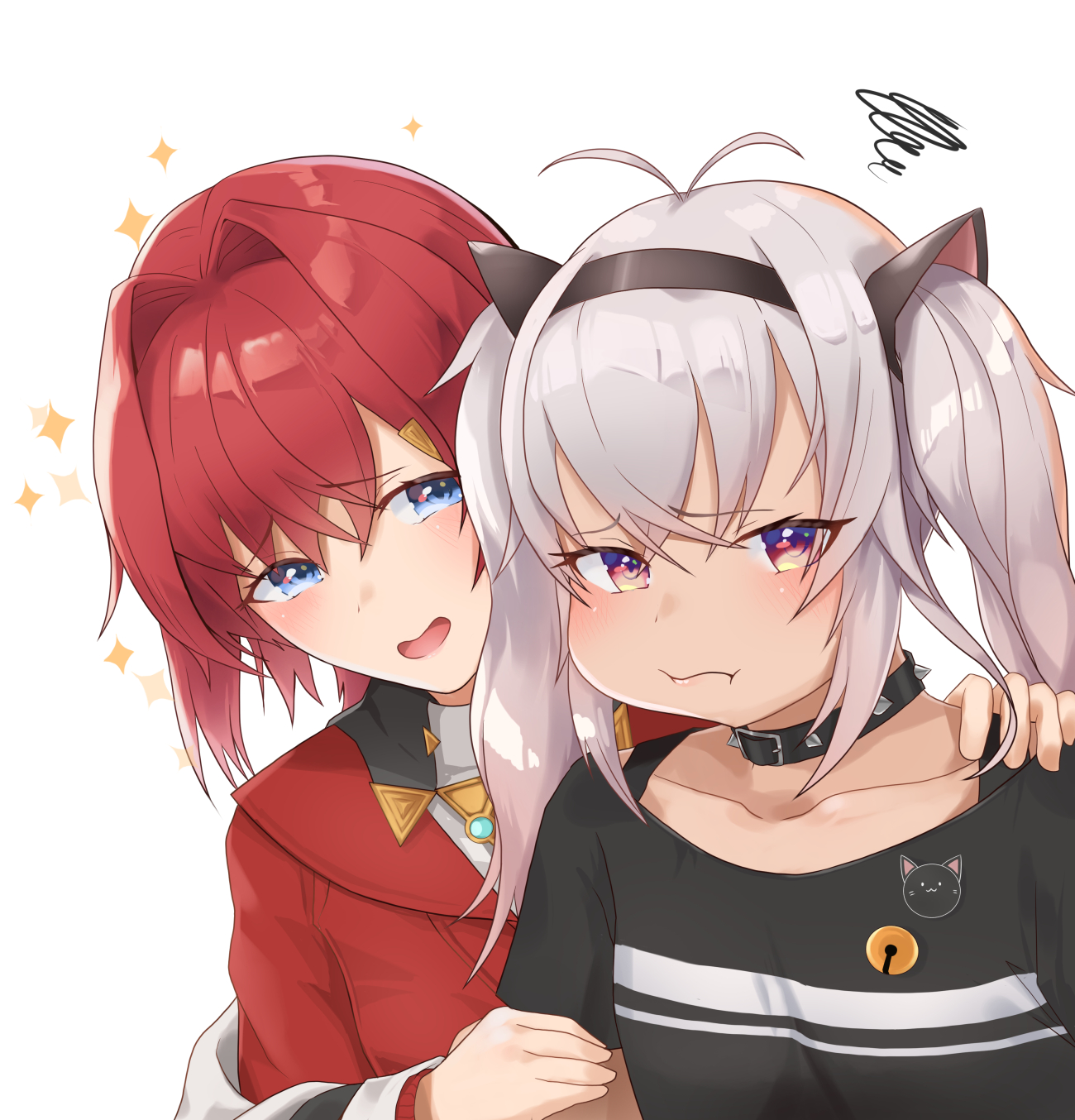 hinataa, ange katrina, ange katrina (1st costume), matsukai mao, matsukai mao (1st costume), nijisanji, highres, 2girls, ahoge, black collar, black shirt, blue eyes, closed mouth, collar, dark-skinned female, dark skin, grey hair, looking at viewer, looking to the side, multiple girls, open mouth, purple eyes, red hair, shirt, spiked collar, spikes, virtual youtuber, white background