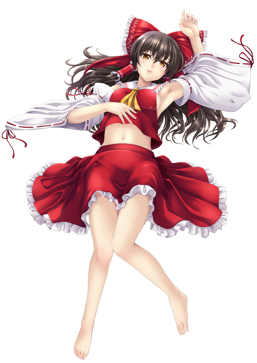 asu hare, hakurei reimu, touhou, bad id, bad pixiv id, highres, 1girl, armpits, barefoot, bow, breasts, brown hair, detached sleeves, feet, female focus, full body, hair bow, hair tubes, japanese clothes, long hair, lying, medium breasts, midriff, miko, navel, on back, sideboob, simple background, solo, white background, yellow eyes