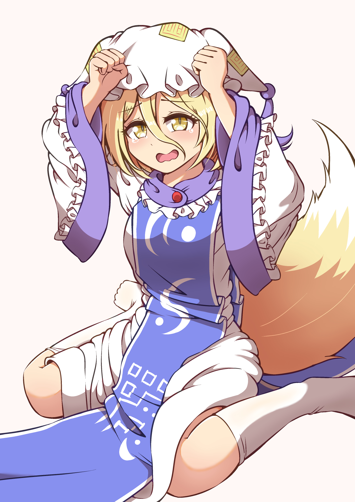 ayuyu yuka03, kudamaki tsukasa, yakumo ran, touhou, commentary request, highres, textless version, 1girl, alternate costume, animal ears, blonde hair, blue tabard, cosplay, cowering, dress, ears down, fox ears, fox girl, fox tail, hair between eyes, hat, kneehighs, long sleeves, mob cap, open mouth, sitting, socks, solo, tabard, tail, tearing up, wariza, white dress, white hat, white socks, wide sleeves, yakumo ran (cosplay), yellow eyes