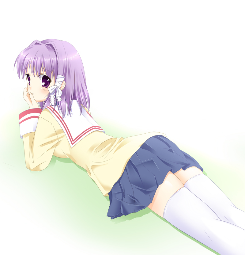 haruno (macoro), fujibayashi kyou, clannad, spoilers, 00s, 1girl, alternate hairstyle, blue skirt, breasts, female focus, hair intakes, hair ribbon, long sleeves, looking at viewer, looking back, lying, on stomach, pleated skirt, purple eyes, purple hair, ribbon, school uniform, short hair, skirt, solo, thighhighs, white ribbon, white thighhighs, zettai ryouiki