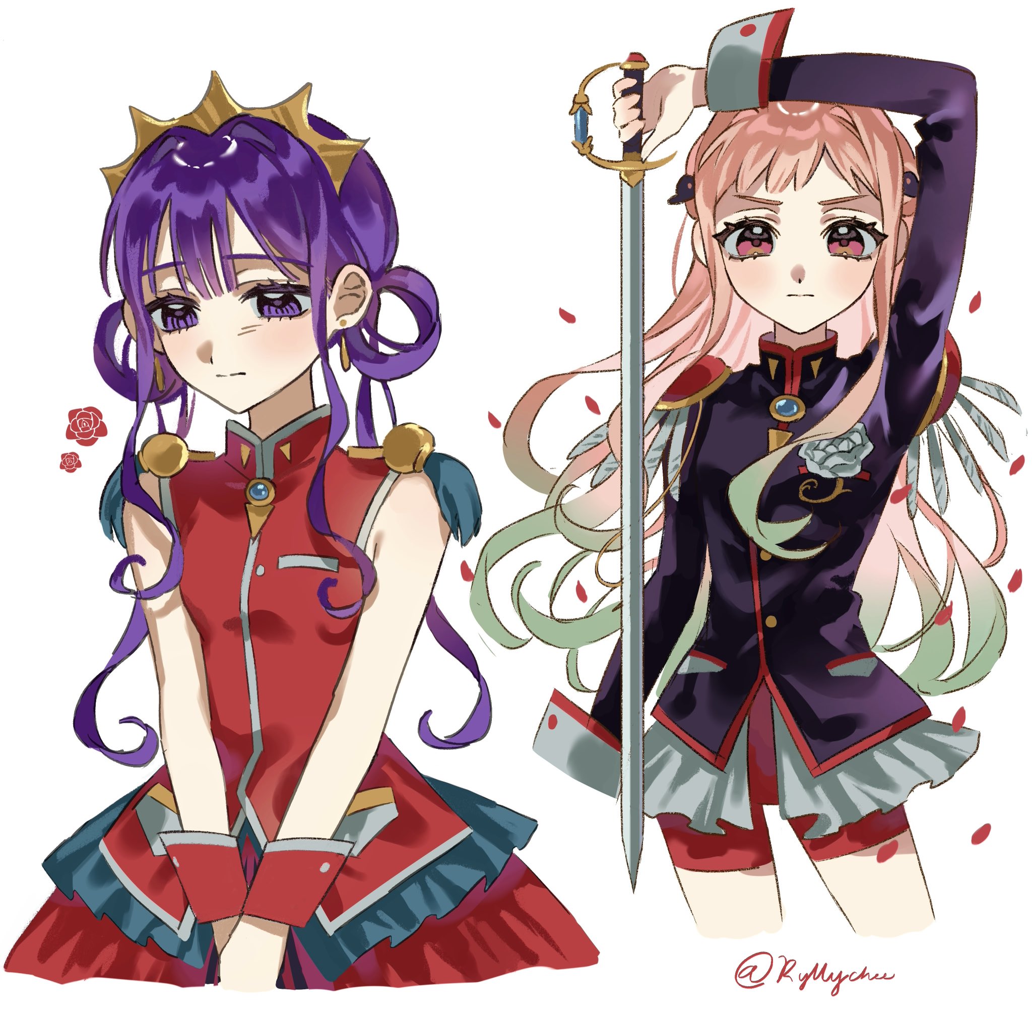 akane aoi, himemiya anthy, tenjou utena, yashiro nene, jibaku shounen hanako-kun, shoujo kakumei utena, commentary, highres, 2girls, black jacket, cosplay, crown, dress, flower, gradient hair, green hair, hair rings, himemiya anthy (cosplay), holding, holding sword, holding weapon, jacket, long hair, long sleeves, multicolored hair, multiple girls, pink hair, purple hair, red dress, red eyes, red shorts, red wrist cuffs, rose, ryllychee, shorts, sword, sword of dios, tenjou utena (cosplay), weapon, white flower, white rose, wrist cuffs
